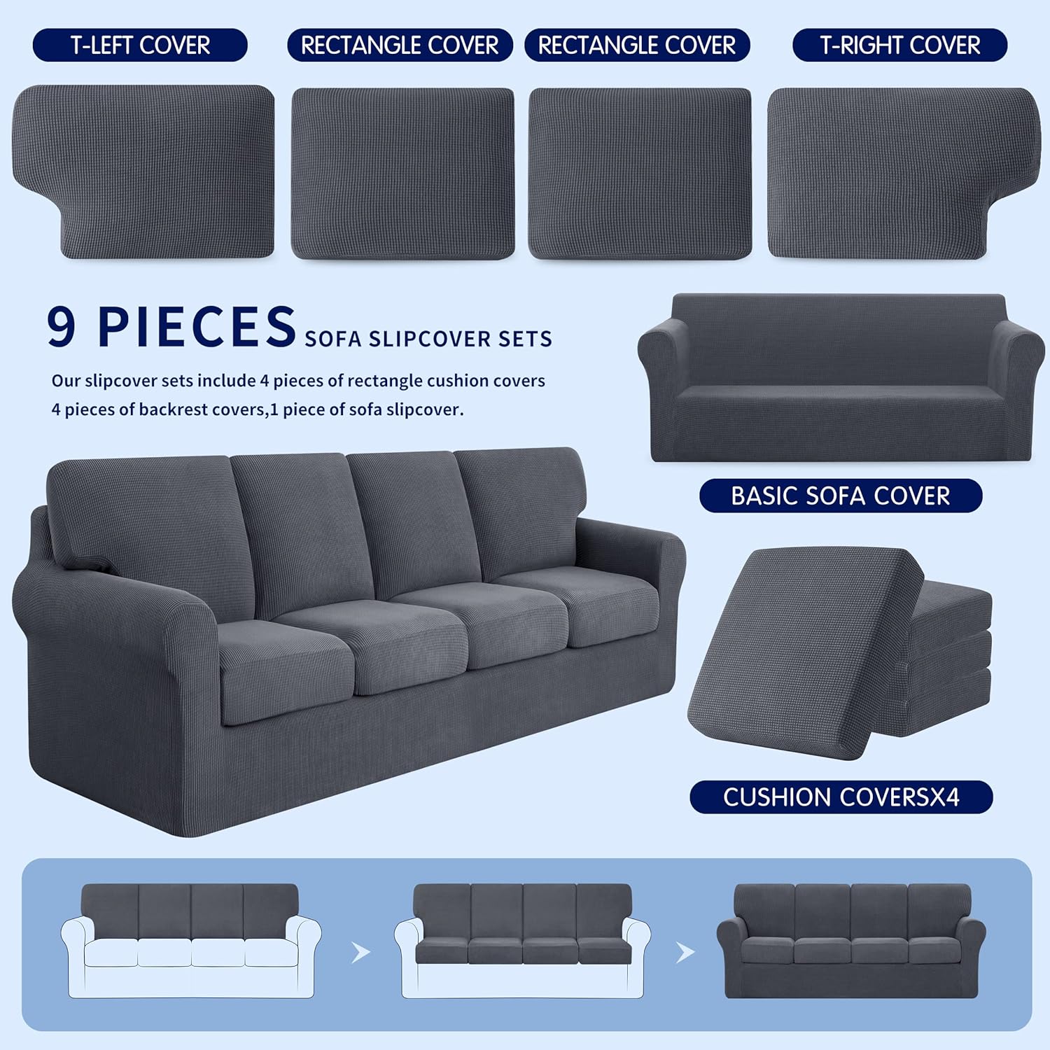 SUBRTEX 9 Pieces Stretch Sofa Slipcover Sets Couch Cover Sets Backrest Cushion Covers Furniture Protector Collection Set for Oversize Sofa Loveseat Chair Slip Covers(X-Large, Gray) : Home & Kitchen