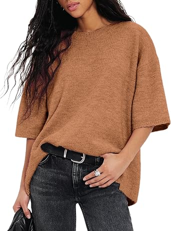 Yeokou Women Short Sleeve Sweaters Casual Oversized Crewneck Soft Knit Pullover Spring Summer Lightweight Sweater Top