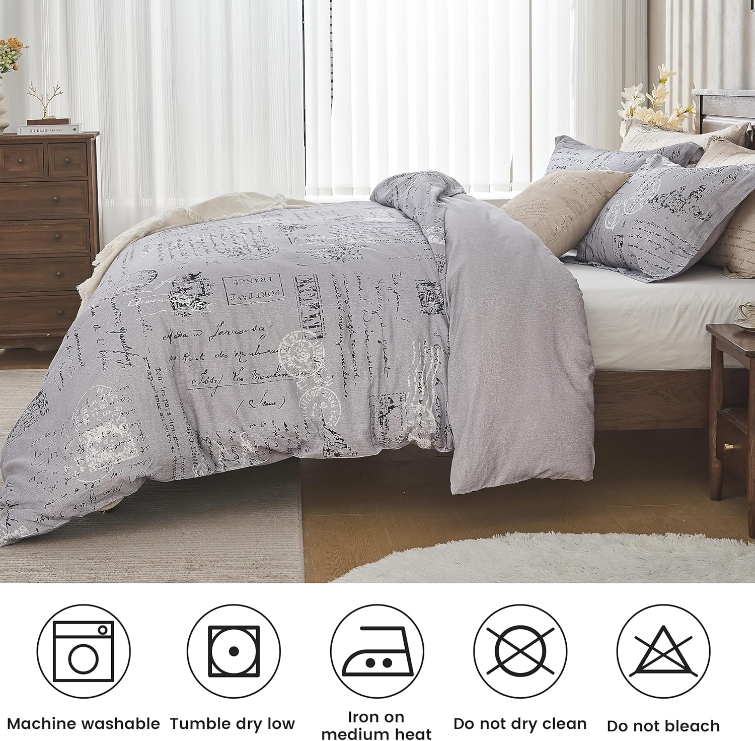 BISELINA Vintage Linen Duvet Cover Set Stamp Printed Pattern 3pcs (1 Comforter Cover, 2 Pillow Shams)- Natural Flax Cotton Blend Reversible Breathable Retro Country Bedding - Grey, King
