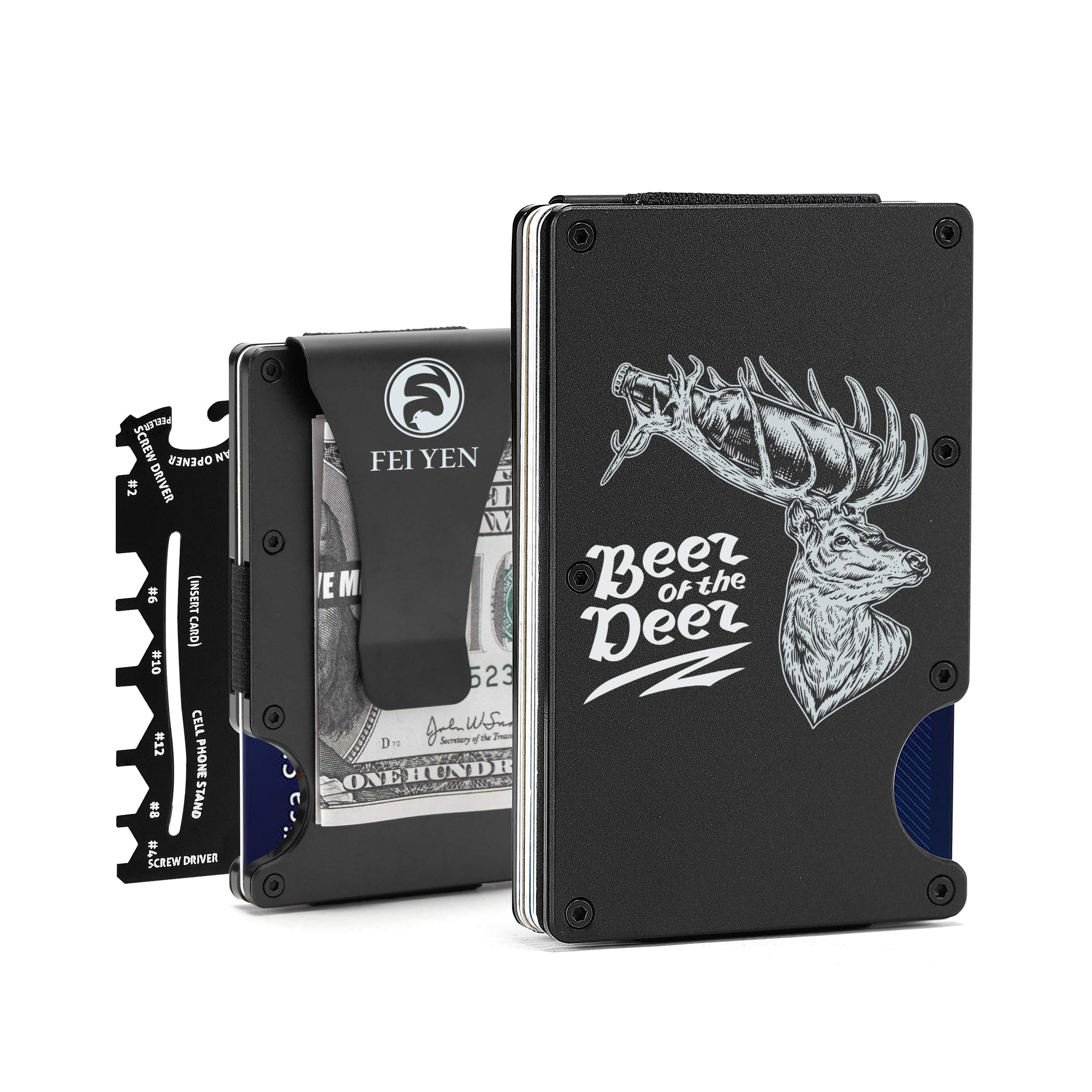 CoukulaMinimalist Wallet for Men - Engraved American Flag Husband Daddy Protector Hero - Front Pocket Card Holder - RFID Blocking Metal Wallet - Aluminum Slim Money Clip - Tactical Wallet for Business Travel