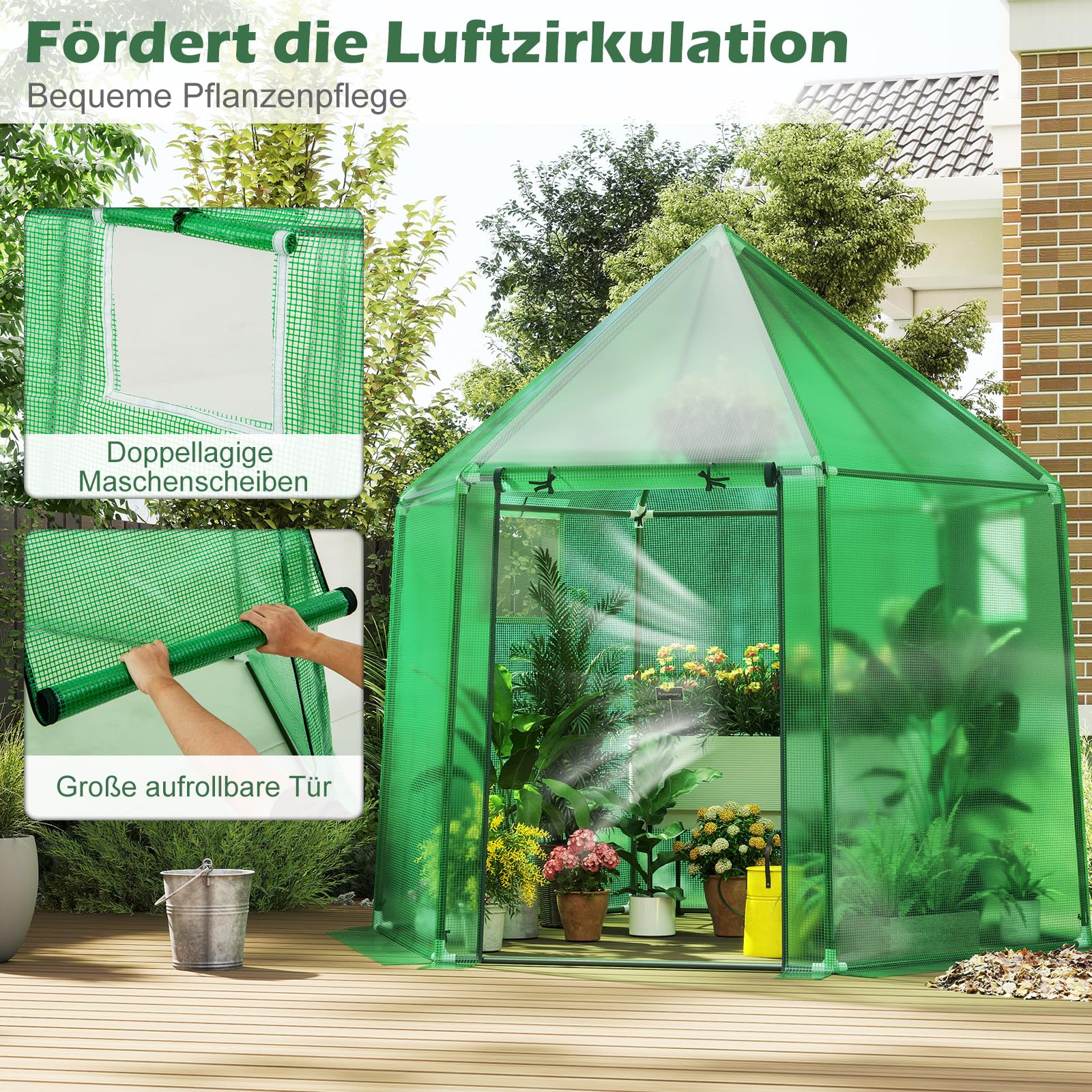 COSTWAY Gewächshaus, Treibhaus mit Allwetter-PE-Abdeckung, Rolltür und Fenster, Foliengewächshaus Tomatengewächshaus Tomatenhaus, Pflanzenhaus für Tomaten & Topfpflanzen, 198 x 172 x 190 cm, Grün