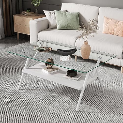 Miniatura 10 de Mesa auxiliar rectangular contemporánea de cristal con patas de metal cruzadas en ángulo para sala de estar, elegante mesa auxiliar de vidrio Todo