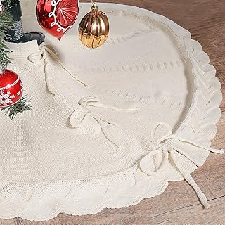 Cream White Christmas Tree Skirt, 36 Inch Braided Cable Knit Farmhouse Christmas Tree Decorations Rustic Xmas Boho Vintage