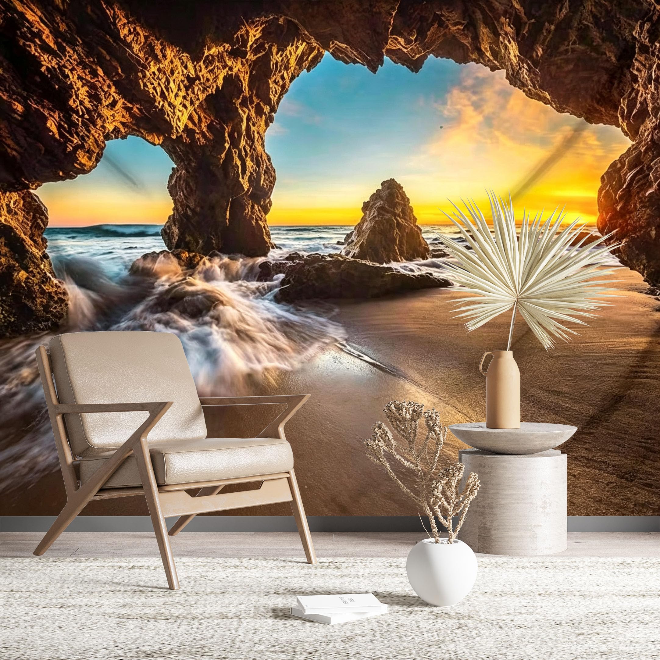 Custom Size Wall Murals Sea Cave Sunset Beach View Realistic Self-Adhesive Wall Fabric (NO PVC) Removable Wallpaper for Living Room Bathroom