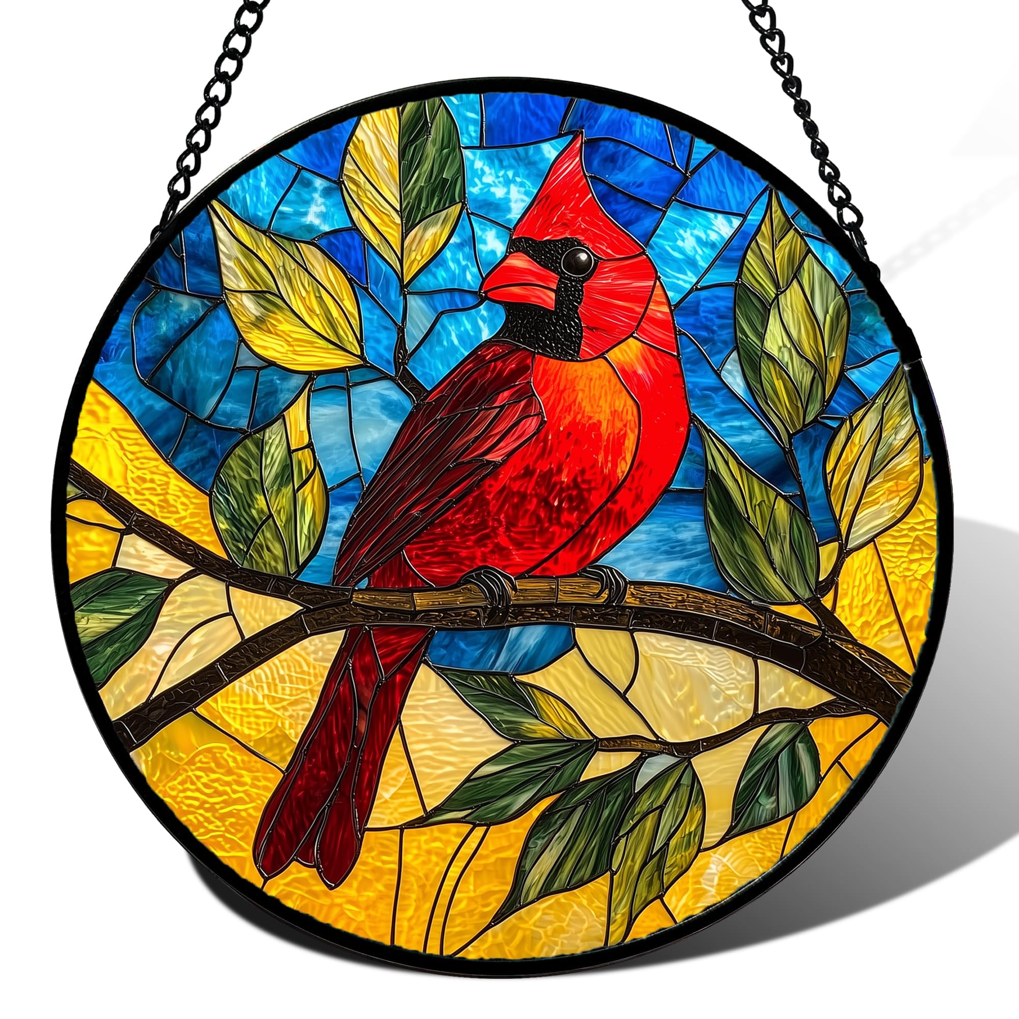 Stained Glass Window Hanging, Blue Sky Cardinal Sun Catchers Colorful Glass Panel Red Birds Suncatcher Decor for Birthday for Women, Men, Wife, Aunt, and Mom 14.9x14.9 in