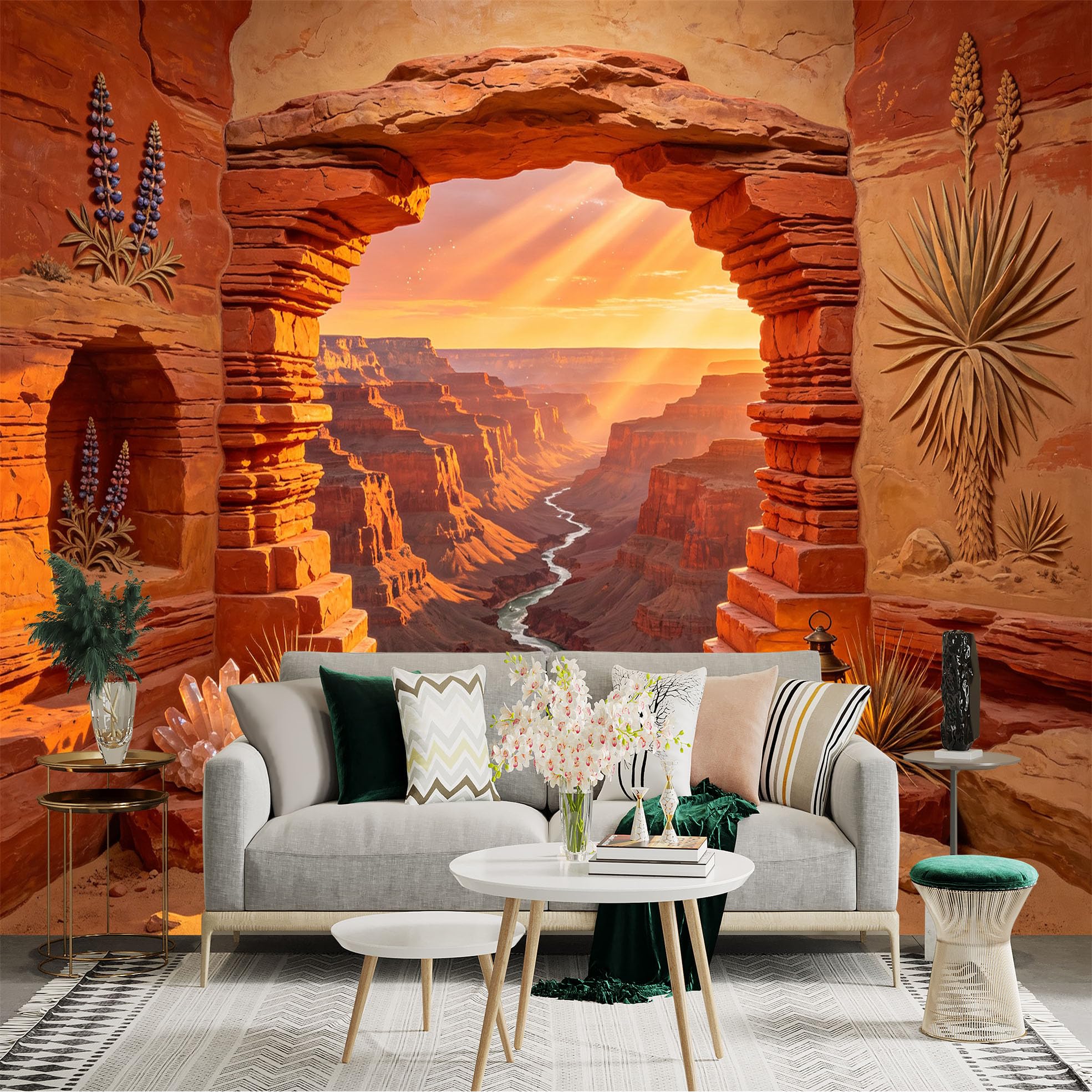 Custom Size Wall Sticker Mural， Desert Canyon Sunset， Sandstone Arch and River Valley Landscape， for wall Decoration， peelandstick wall Decals.