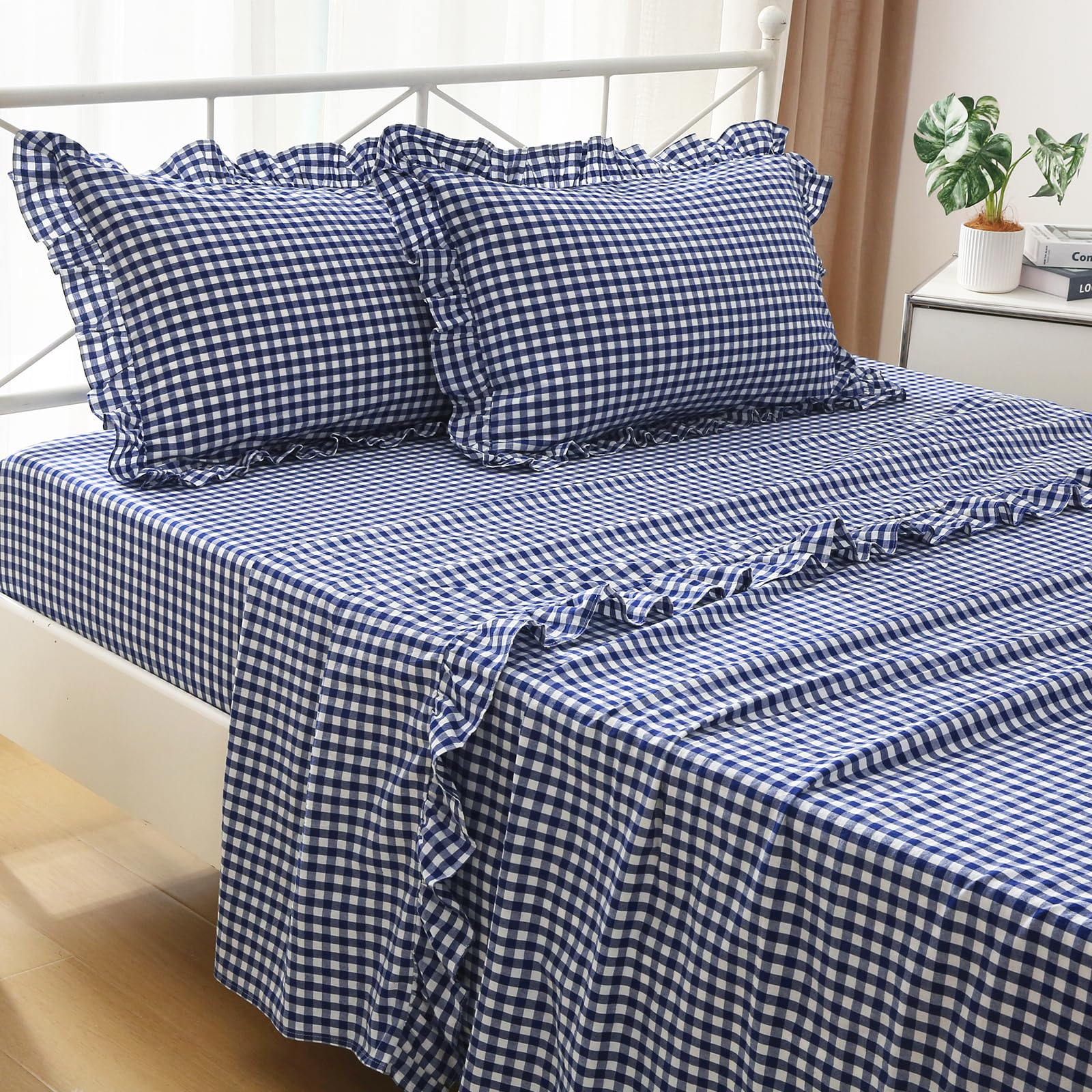 K MASANIJI Piece Ruffled Thread Count % Yarn Dyed Cotton Duvet Cover Set " Deep Pockets Classic Gingham Pattern Decorative Bedding K MASANIJI Piece Ruffled Thread Count % Yarn Dyed Cotton Duvet Cover Set " Deep Pockets Classic Gingham Pattern Decorative Bedding