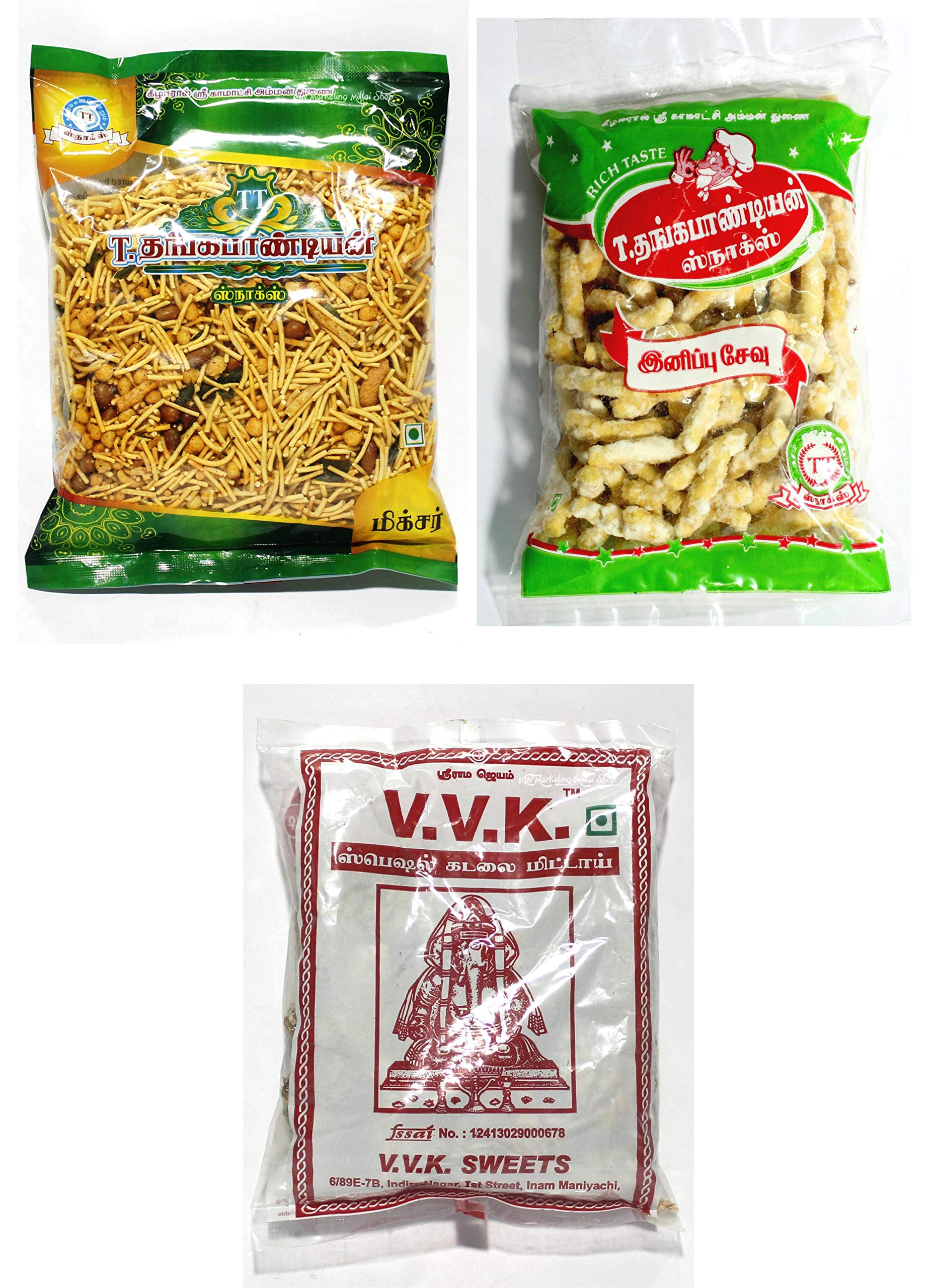 Thangapandiyan Mota Mixture (250 GM) + Thangapandian Sweet Sev (250 GM) + VVK Kovilpatti Kadalai Mittai (Groundnut Chikky - 225GM) - 750 Grams