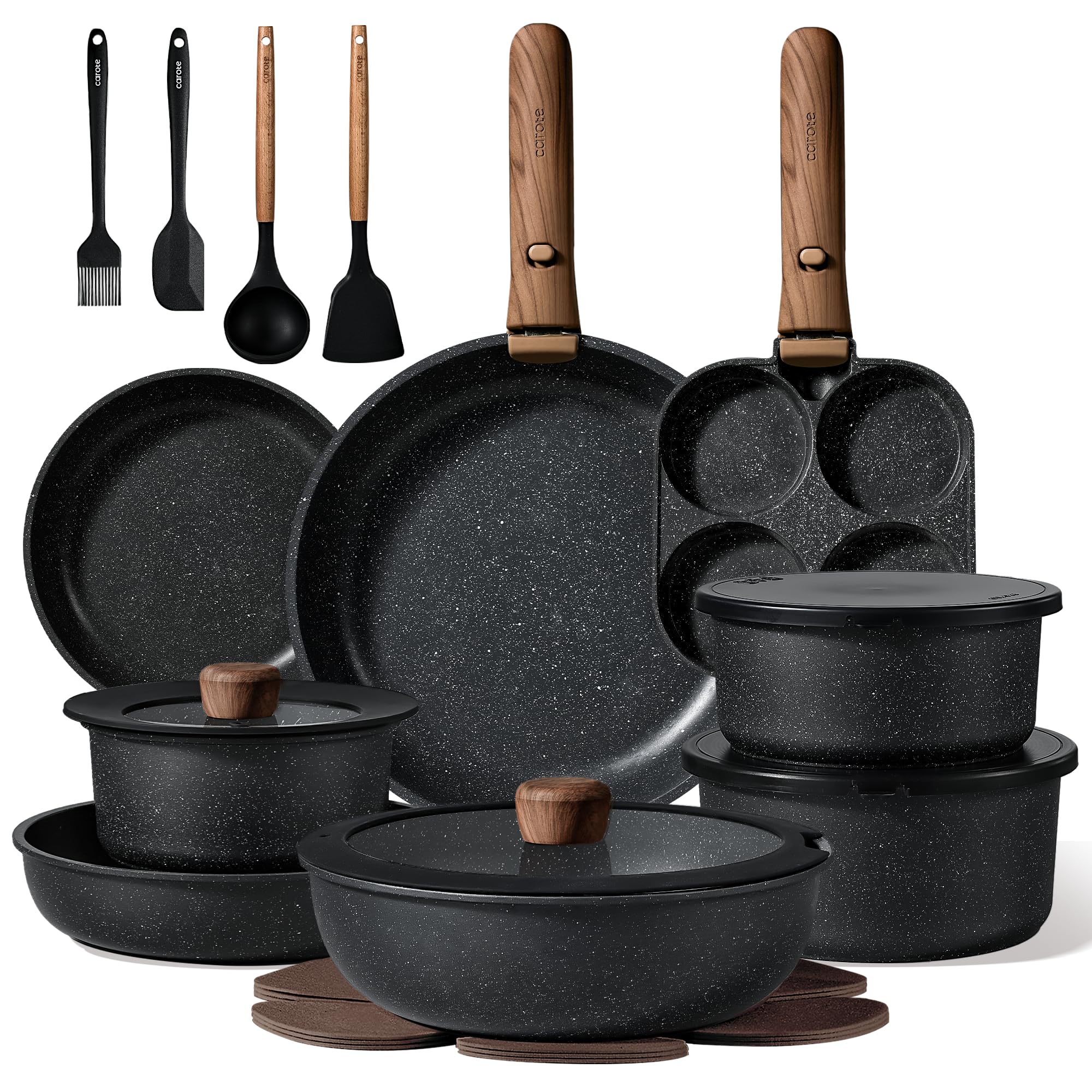 CAROTE 25pcs Pots and Pans Set Non Stick, Cookware Sets, Kitchen Set, Oven/Dishwasher/Fridge Safe, Space Saving Pots Set, Nonstick Set with Versatile Detachable Handle, Induction RV Set, Black