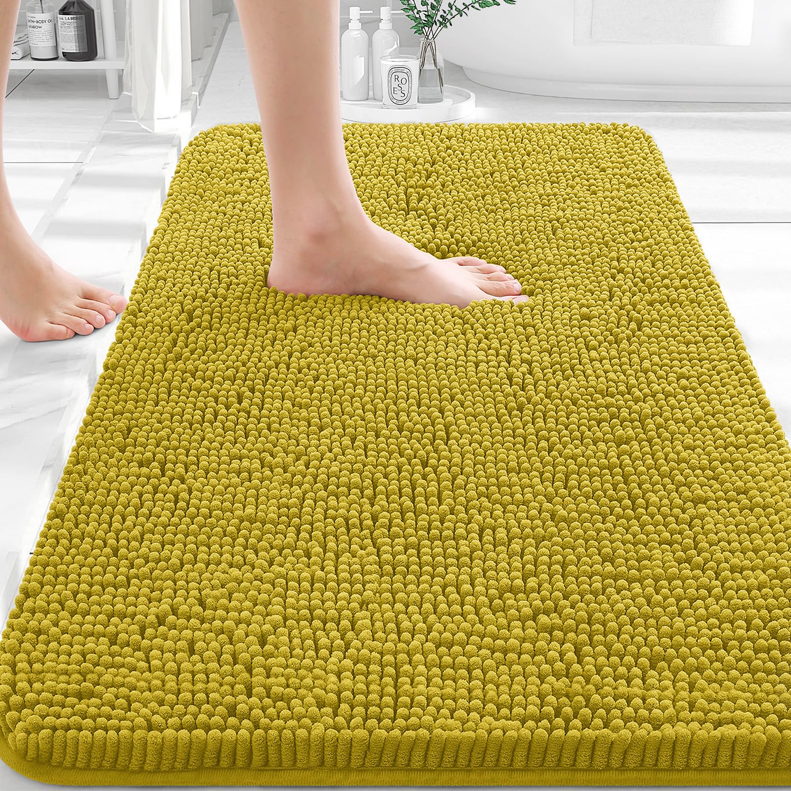 OLANLY Bathroom Rugs 30x20, Extra Soft Absorbent Chenille Bath Rugs | Deep Mustard, Quick-Drying Rubber Backing, Washable Bath Mat for Bathroom Floor, Tub and Shower, Home Decor Accessories