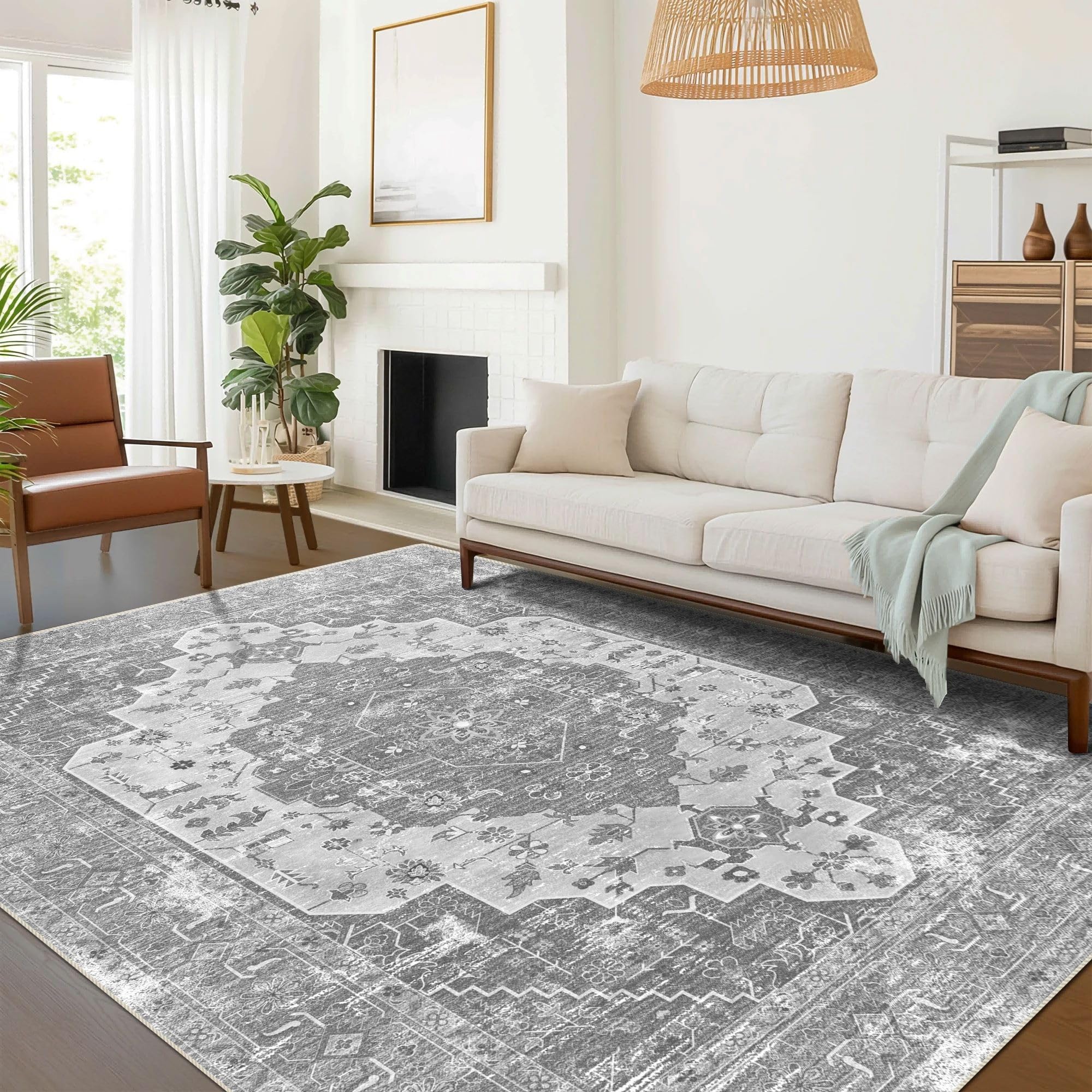 vivorug 6x9 Area Rugs, Stain Resistant Washable Rug for Living Room, Vintage-Inspired Grey Floral Rug โ image 1