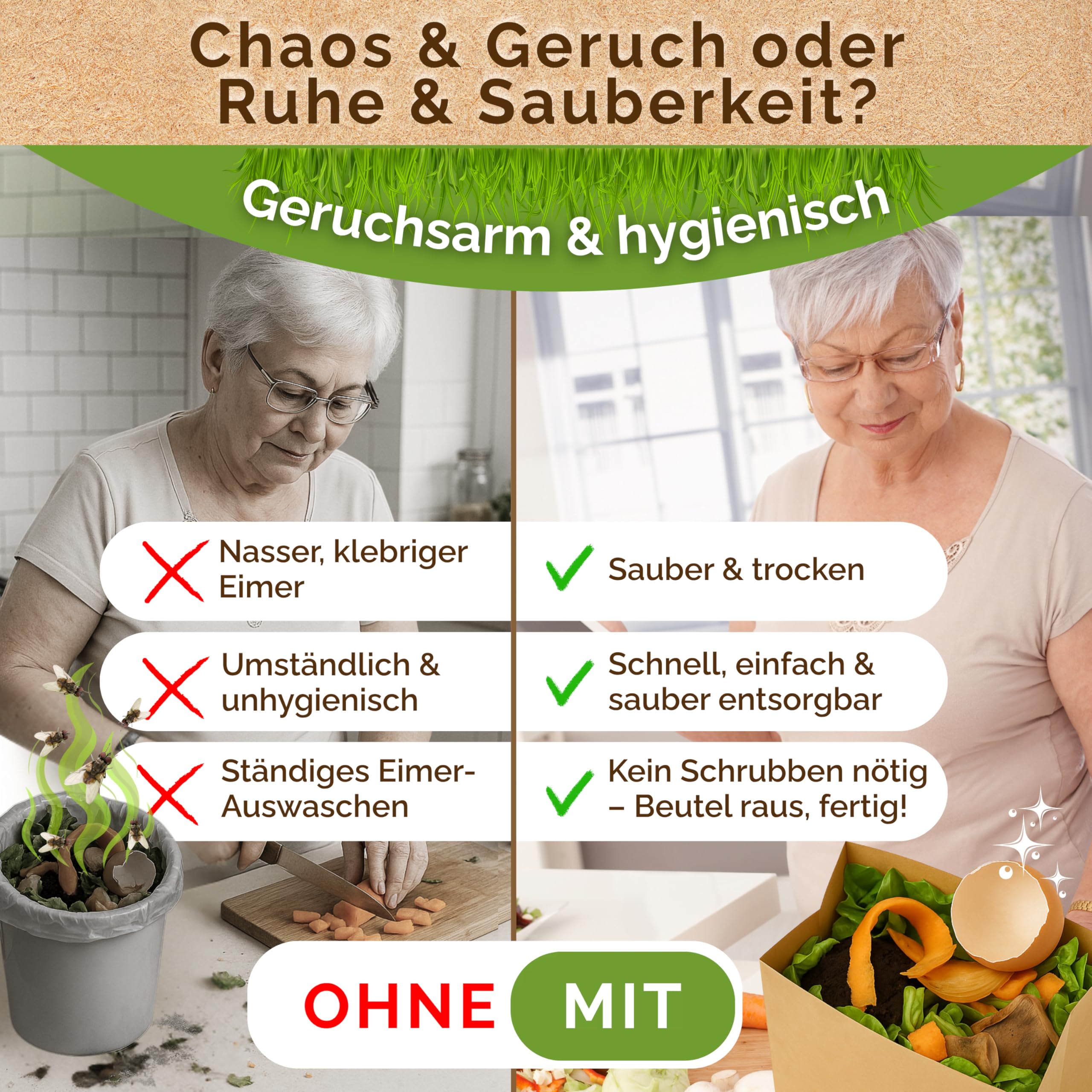 Premium Biomüllbeutel 20L - 50 Stück Bio müllbeutel Extra reißfest &Nassfest Biomülltüten Papier für Küche Biomülleimer & Biotonne | Papiertüten plastikfrei, umweltfreundlich & kompostierbar