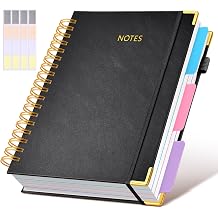 JASLEKO 3 Subject Notebook College Ruled with Dividers Tabs, 100 GSM Leather Hardcover Spiral Notebooks for School Work, 240 Pages Large Cute Notebook Journal for Women Men, College Students,Black
