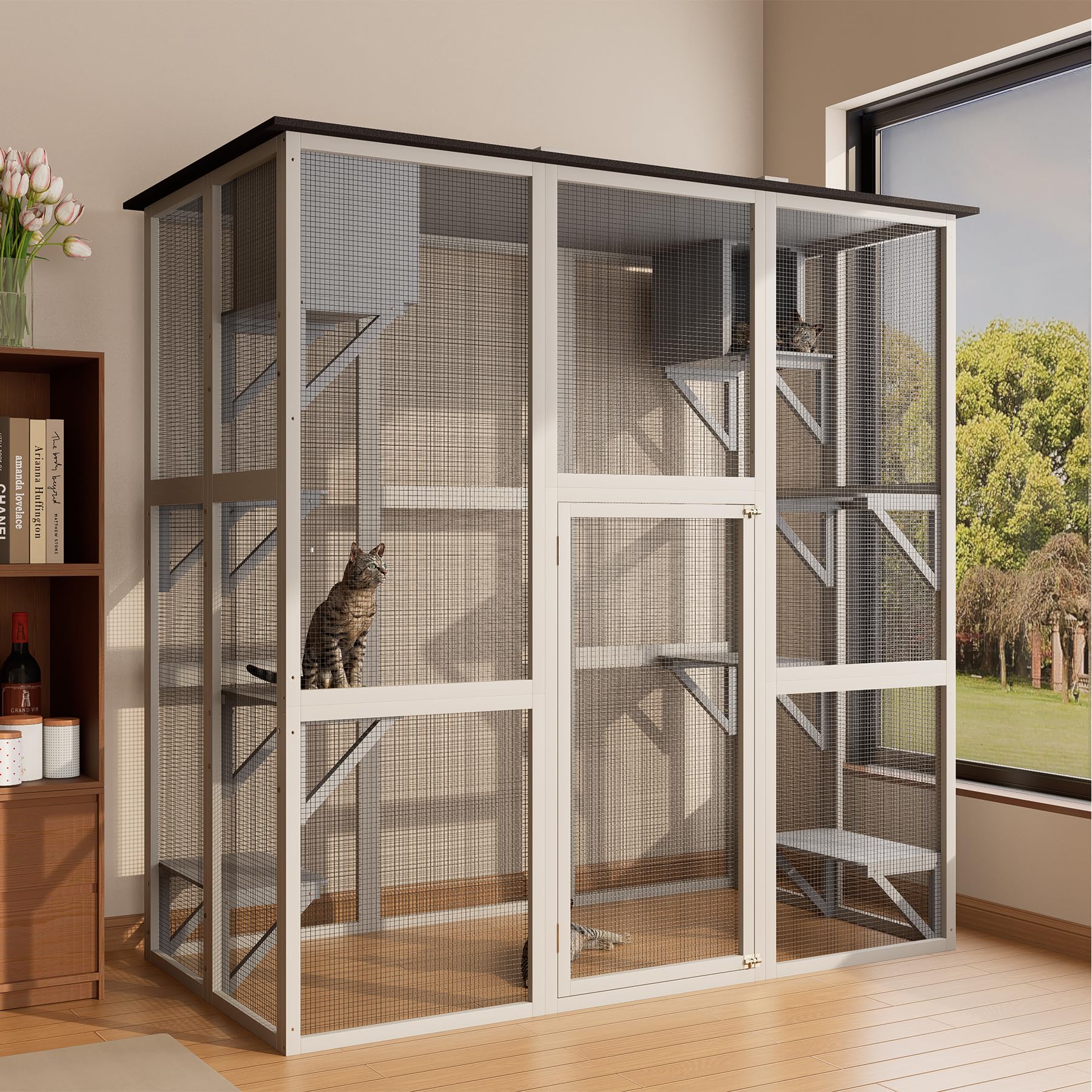 Catio Outdoor Cat Enclosure, 71" Large Wood Catio Outdoor Cats Enclosure with Waterproof Roof, 2 Cat Resting Box & Platforms, UV Resistant, Secure Rust-Proof Wire Pet Cage for Patio or Backyard
