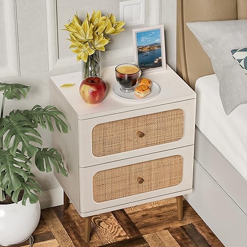 Miniatura 2 de LONYKE Mesita de noche de mimbre de ratán, mesa auxiliar de 1 cajón con acabado blanco para espacios pequeños, mesita de noche moderna de madera de