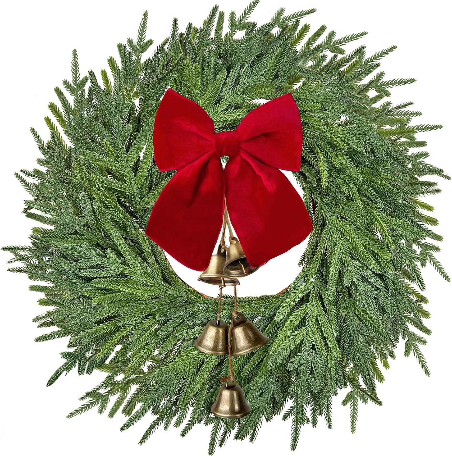 22" Christmas Norfolk Pine Wreath with Bow & Bells for Front Door Decor