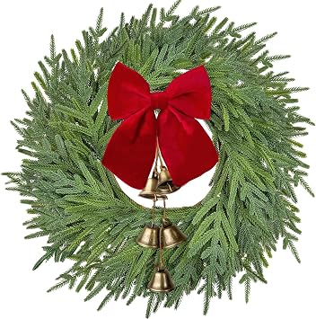 22" Christmas Norfolk Pine Wreath with Bow & Bells for Front Door Decor
