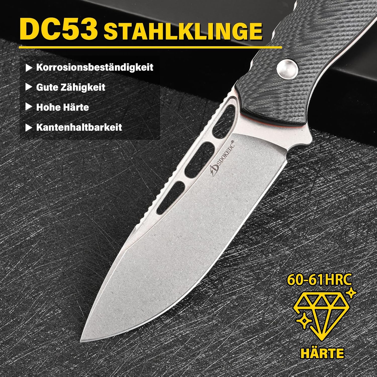 Knives DC53 Steel Tactical Hunting Fixed Blade Knife G10 Handle with kydex sheath knifes for Men EDC Outdoor Camping Survival (White stone wash+green/black)