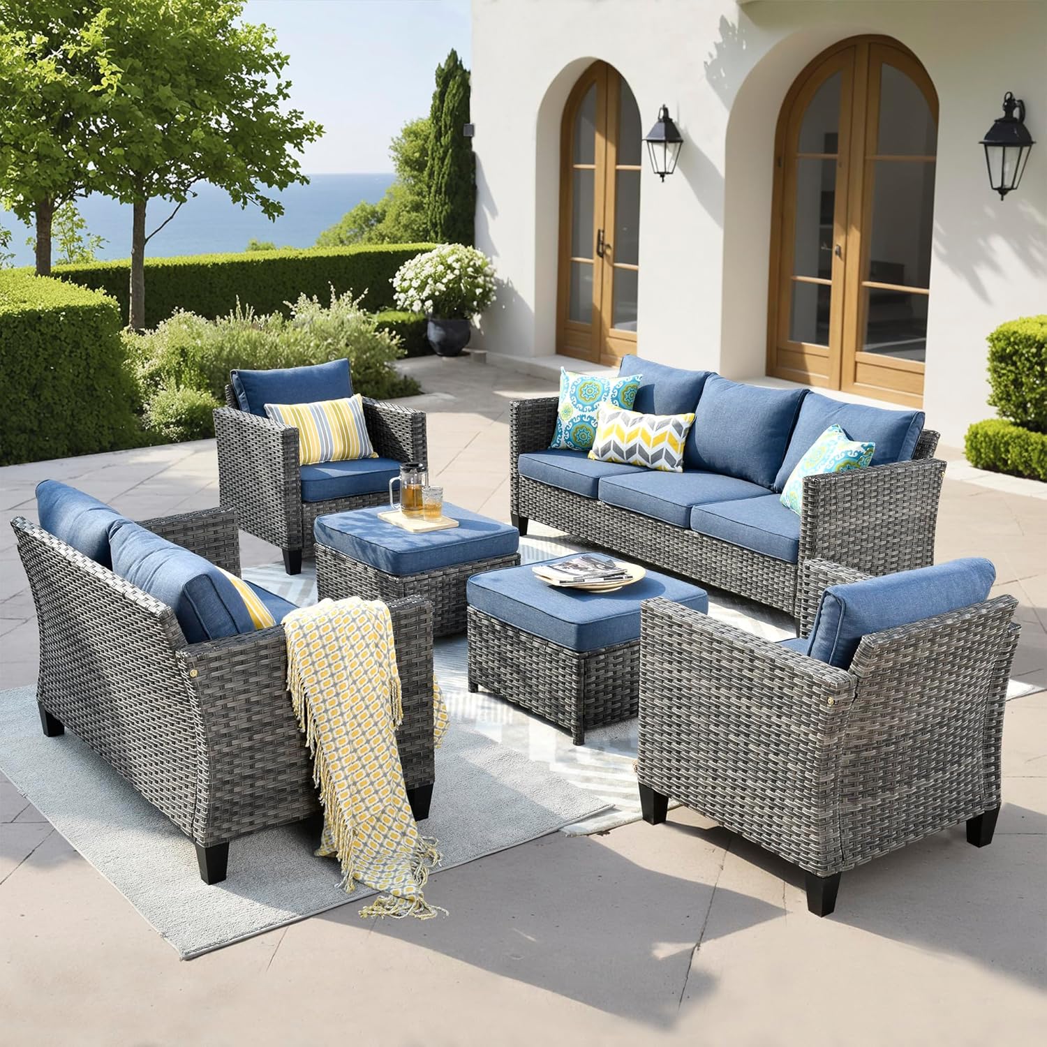 ovios Patio Furniture Set, 6 Pieces Outdoor Wicker Sofa Couch with Loveseat, Ottomans and Comfy Cushions, All Weather High Back Rattan Conversation Set, Denim Blue