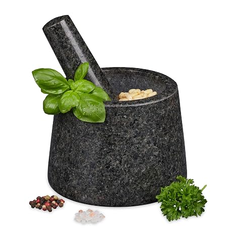 Relaxdays Mortar with Hand, Granite, Durable, Spices and Herbs, Polished Stone Grinder, 13.5 cm Ø, Dark Grey