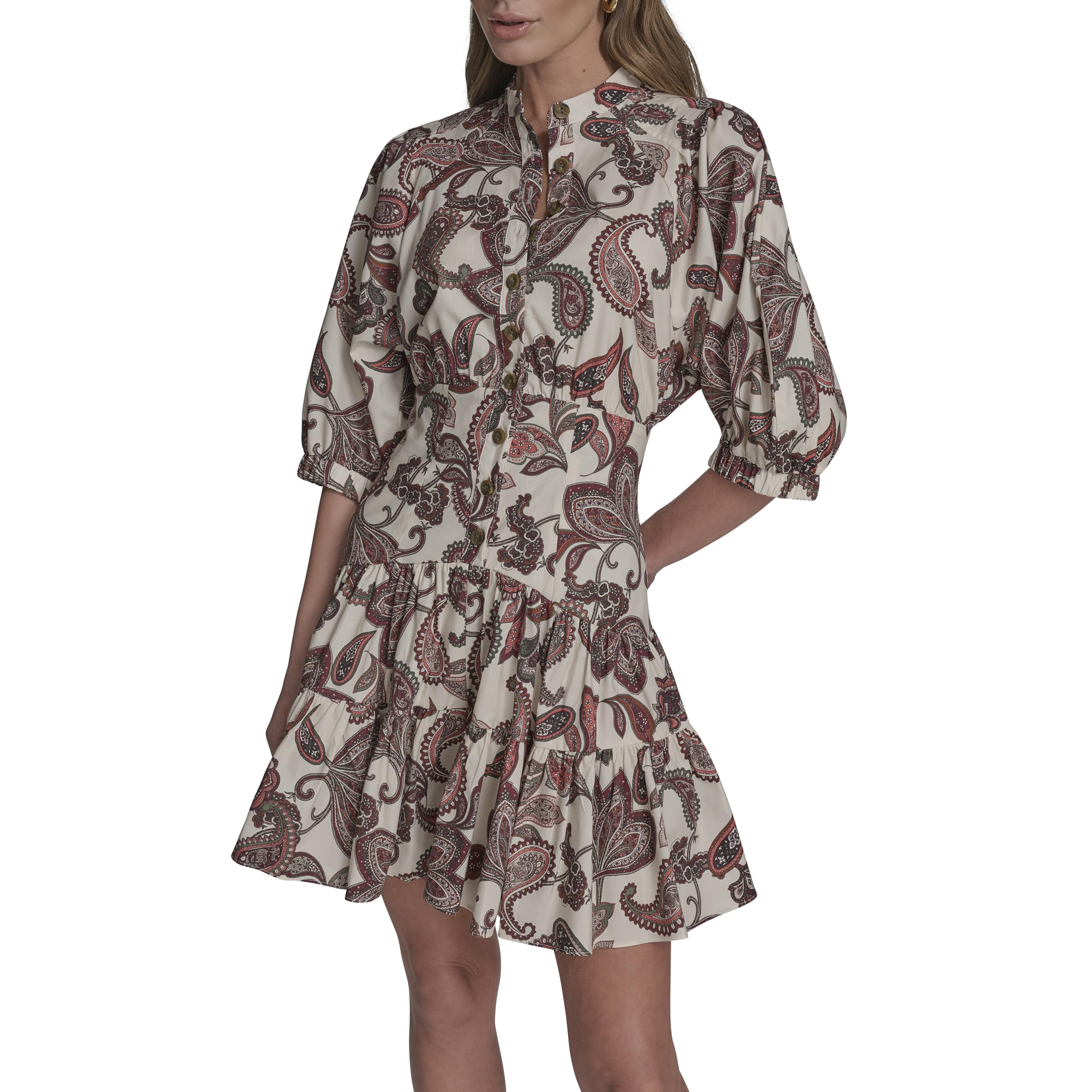 BCBG Women Short Puff Sleeve Faux Collar Cotton Fit and Flare Mini Dress