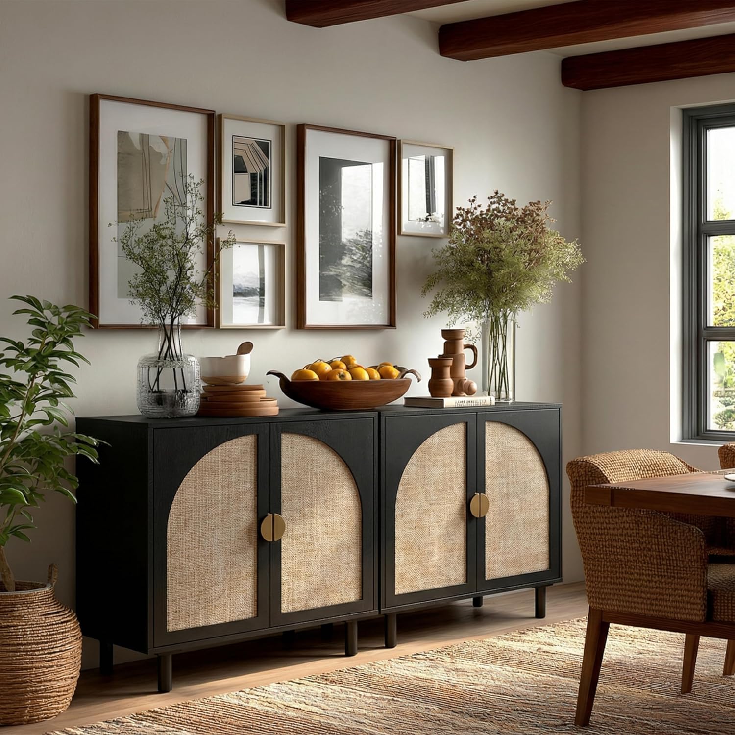 Modern Rattan Storage Sideboard Cabinet, Black Wood Buffet with Magnetic Latch, Adjustable Shelf. [2Pcs, Black]