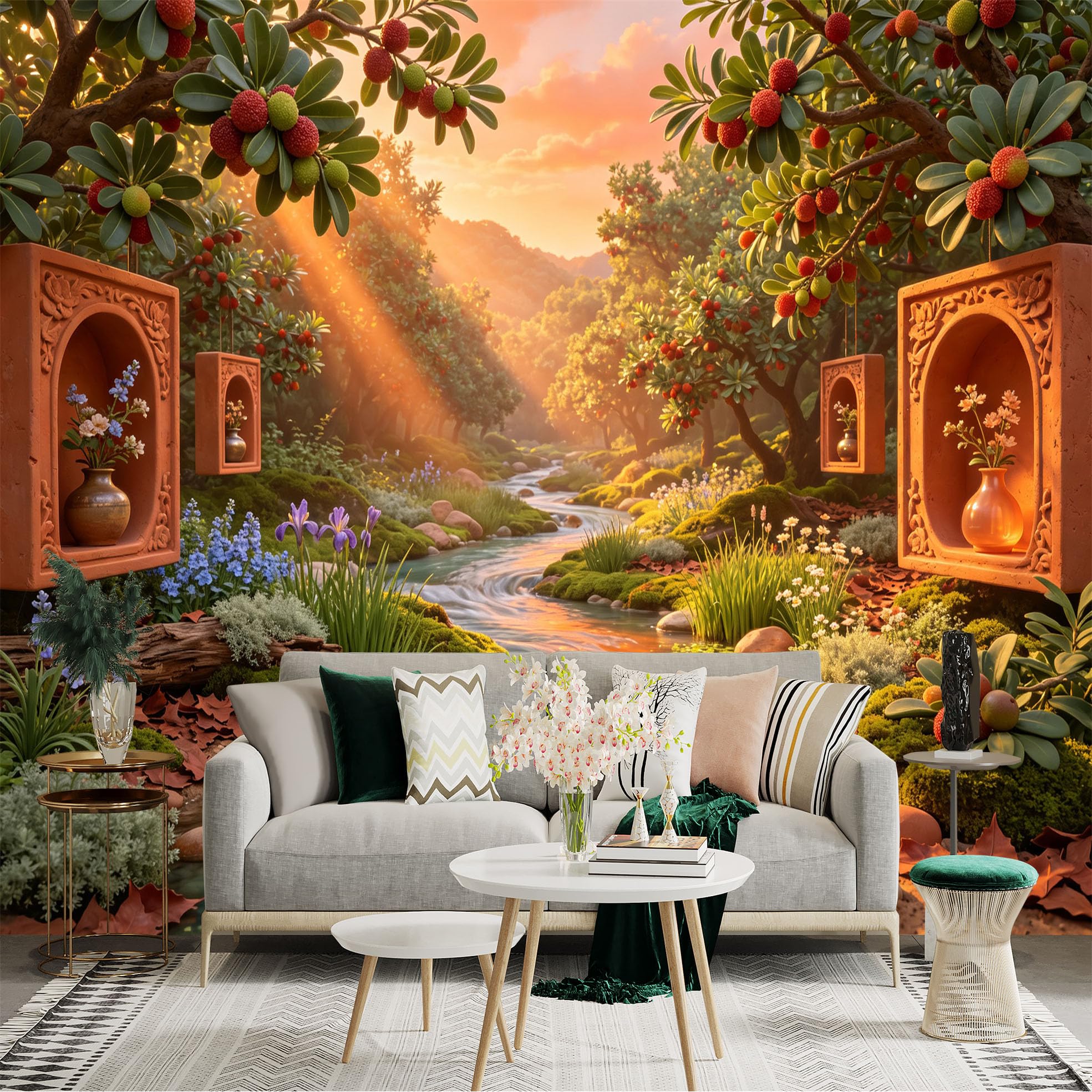 Lnzczhyre Bh260719407 Custom Size Wall Sticker Mural， Enchanted Forest Creek With Fruit Trees， Peaceful Garden Stream， Sunset Scenery， For Wall Decoration， Peelandstick Wall Decals.