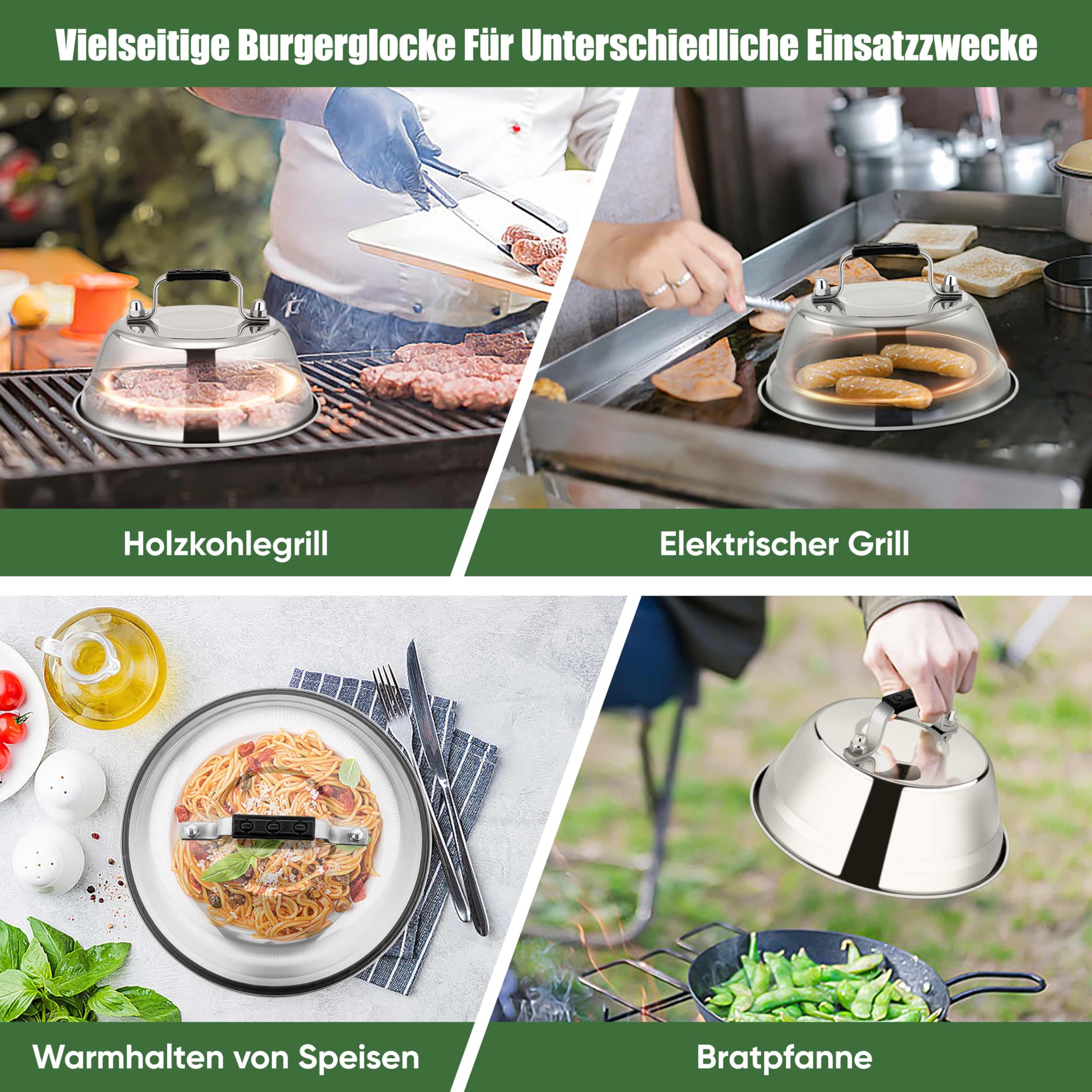 Homikit Dzwonek do burgerów, 2 sztuki ze stali nierdzewnej dzwonek do burgerów z żaroodpornym silikonowym uchwytem, zestaw kopuł/dzwonków do topienia burgerów do grilla i steków burgerowych