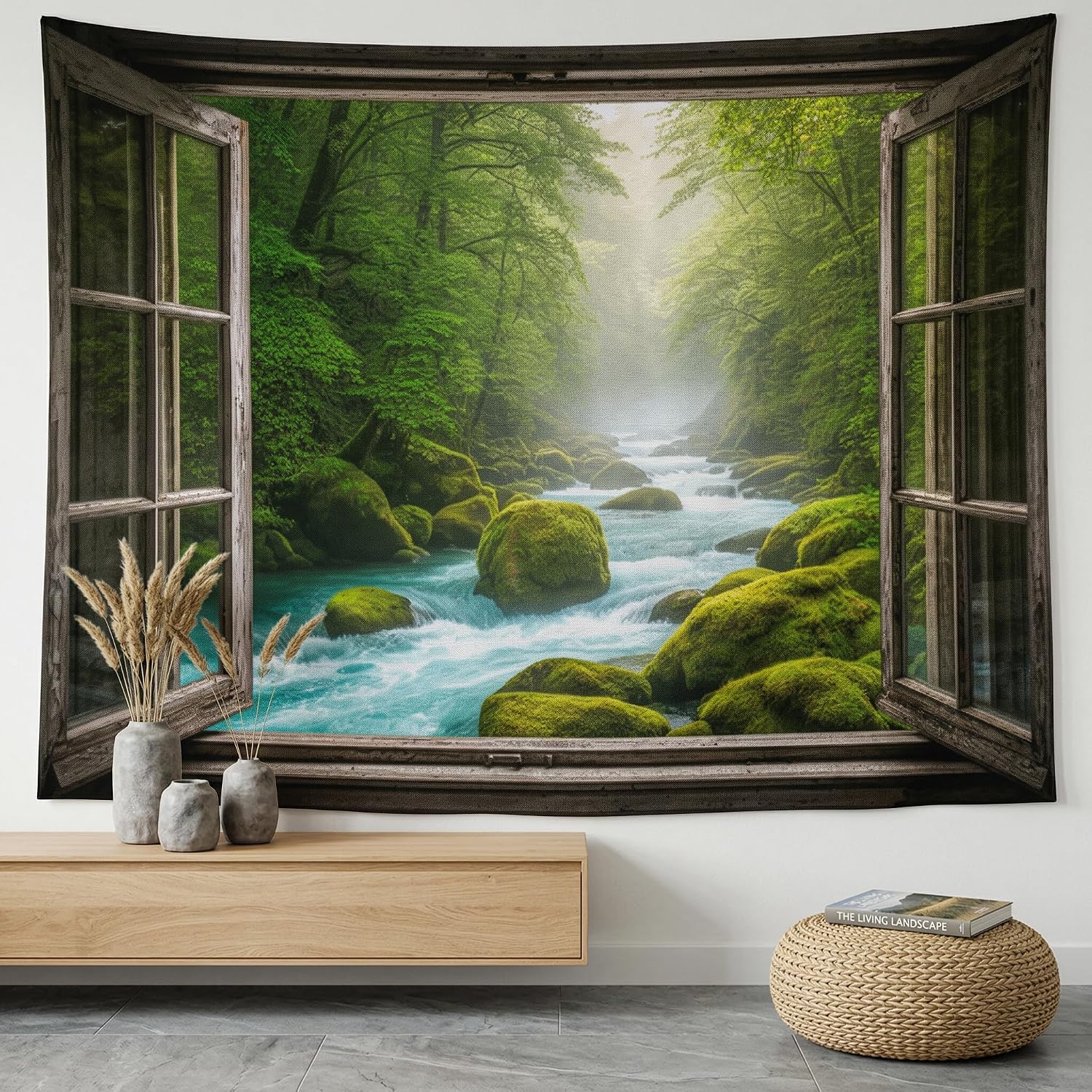 MOORIIY Forest Window View Tapestry 78.7 x 59 Inch, Nature River Stream Tapestry with Open Window Design, Green Forest Landscape Wall Decor for Bedroom Living Room Office Background Decor