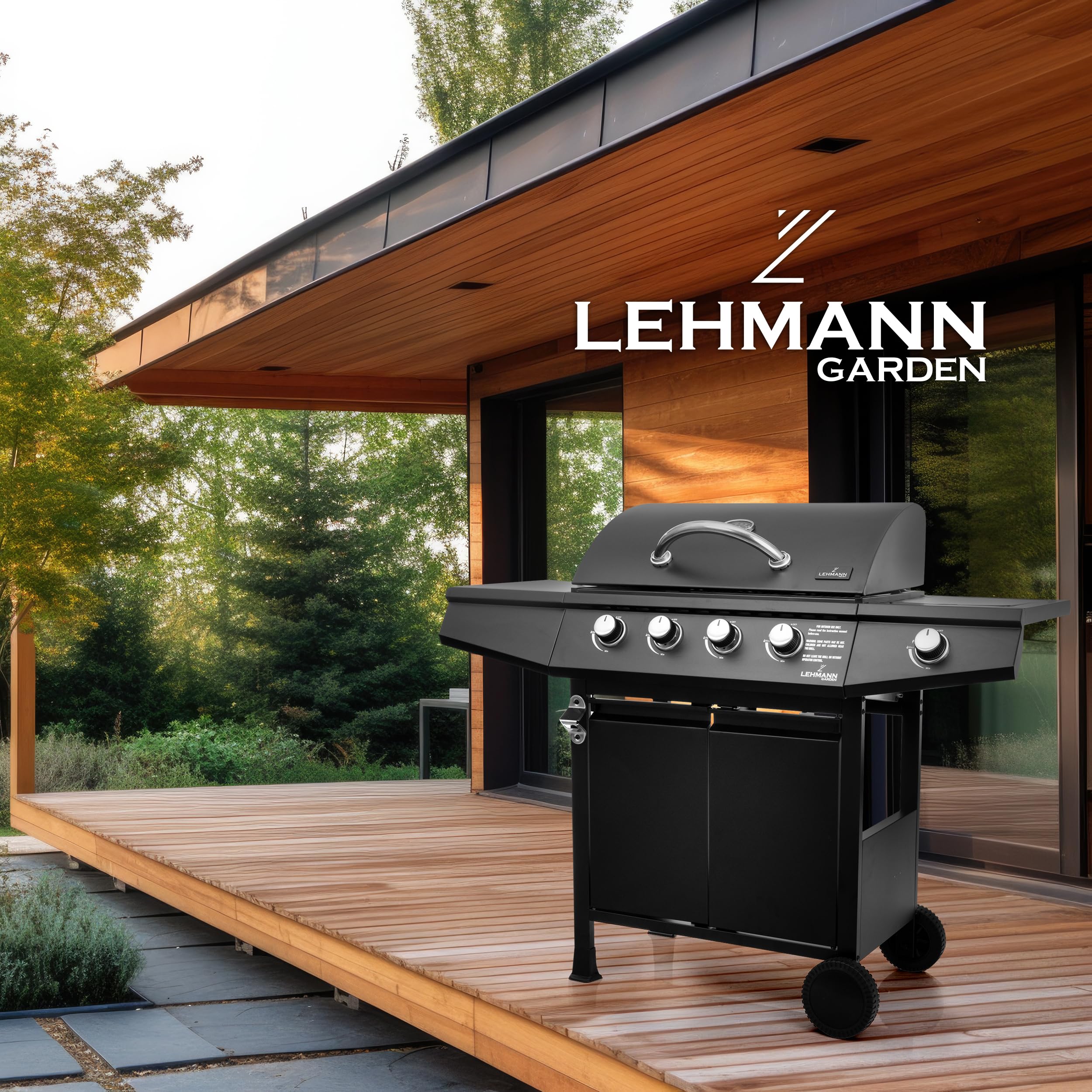 Lehmann Grill gazowy Ohio Black, na kółkach, stal nierdzewna, czarny, 4 Palniki + Palnik Boczny, 9,3 kW, Żeliwny Ruszt 33 x 66 cm, z Termometrem i Szafką, Pokrowiec, reduktor i wąż