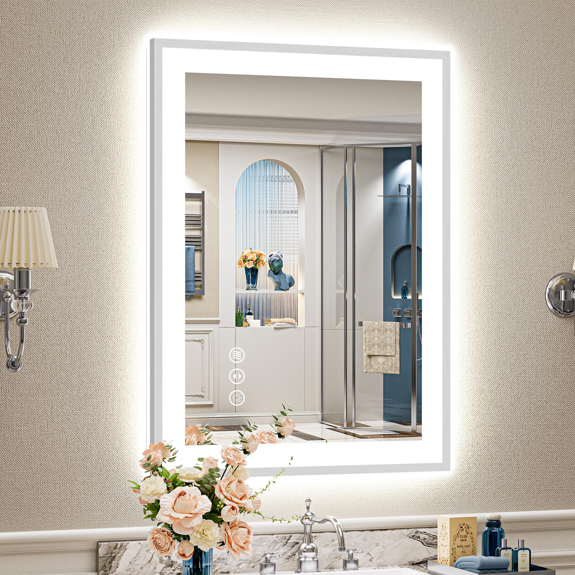 AWANDEE 61x91.4cm(24x36인치) 브러시드 니켈 LED 욕실 거울, 조명, 백라이트 및 전면 조명, 김 서림 방지, 욕실 벽용 프레임 조명 화장대 거울, 조도 조절 가능, 3가지 색상, 메모리, 비산 방지, 강화 유리