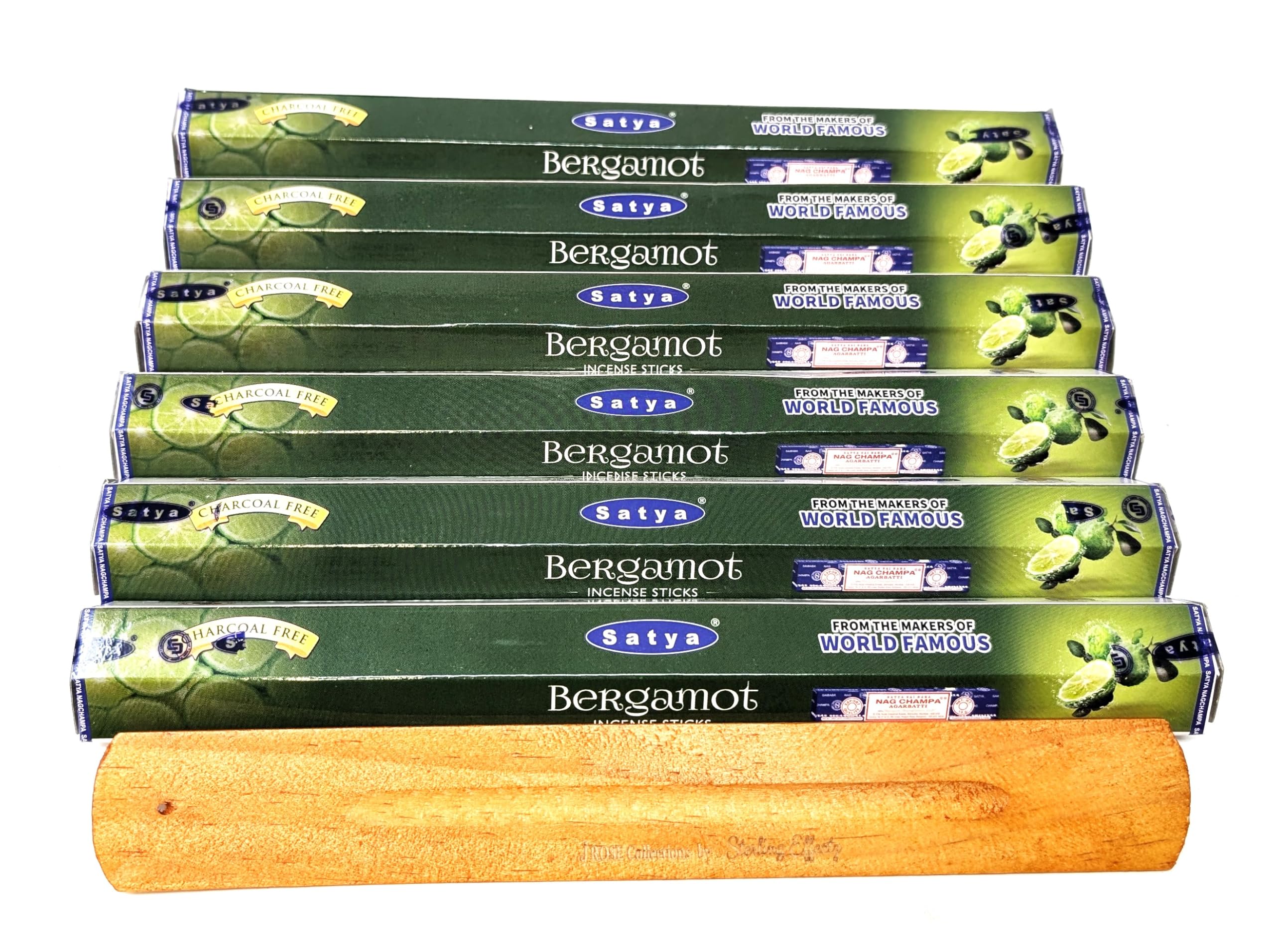 Satya Bergamot Incense Sticks – 6 x 20 Stick Packs (120 Total) – Charcoal-Free – Uplifting Citrus Aroma – Includes JRose Wooden Burner – Natural Masala Incense for Mood & Meditation