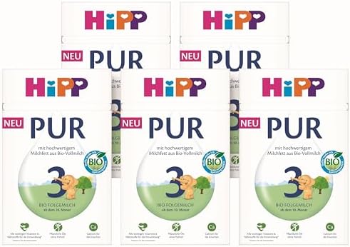 HiPP 3 PUR Folgemilch (5 x 500g), ab 10. Monat, mit hochwertigem Milchfett aus Bio-Vollmilch-Qualität, ohne Palmöl, mit wichtigen Vitaminen & Nährstoffen, Omega-3 (DHA, ALA)