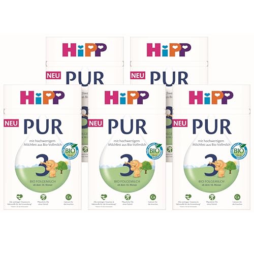 HiPP 3 PUR Folgemilch (5 x 500g), ab 10. Monat, mit hochwertigem Milchfett aus Bio-Vollmilch, ohne Palmöl, mit wichtigen Vitaminen & Nährstoffen, Omega-3 (DHA, ALA), in bester Bio-Qualität