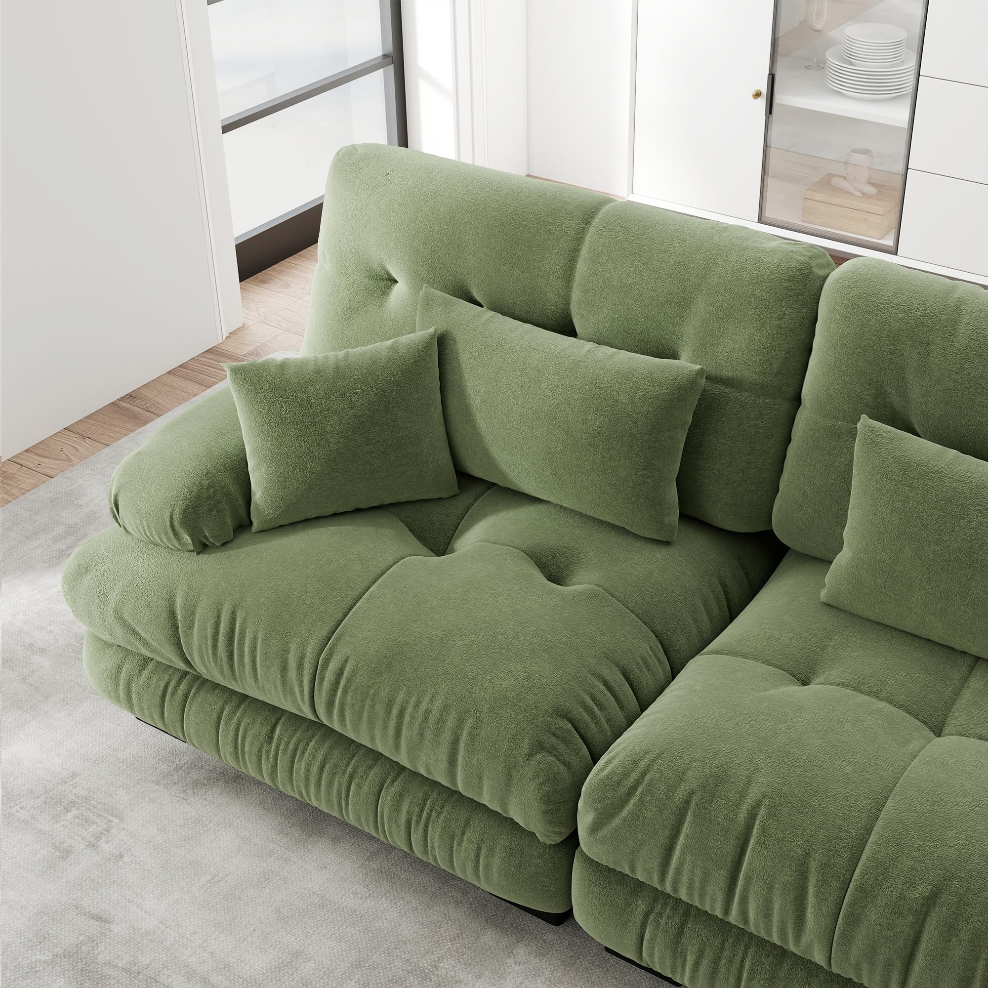 Sofá esquinero modular de 4 plazas, color verde, asiento extra profundo, sofá cama acolchado, funda de chenilla, cómodo para familias numerosas y habitaciones