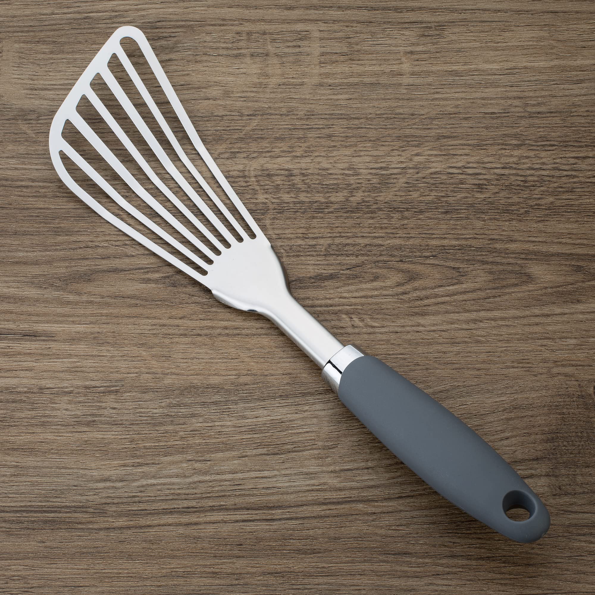 Espátula de acero inoxidable 304, espátula ranurada con mango ergonómico antideslizante, color gris