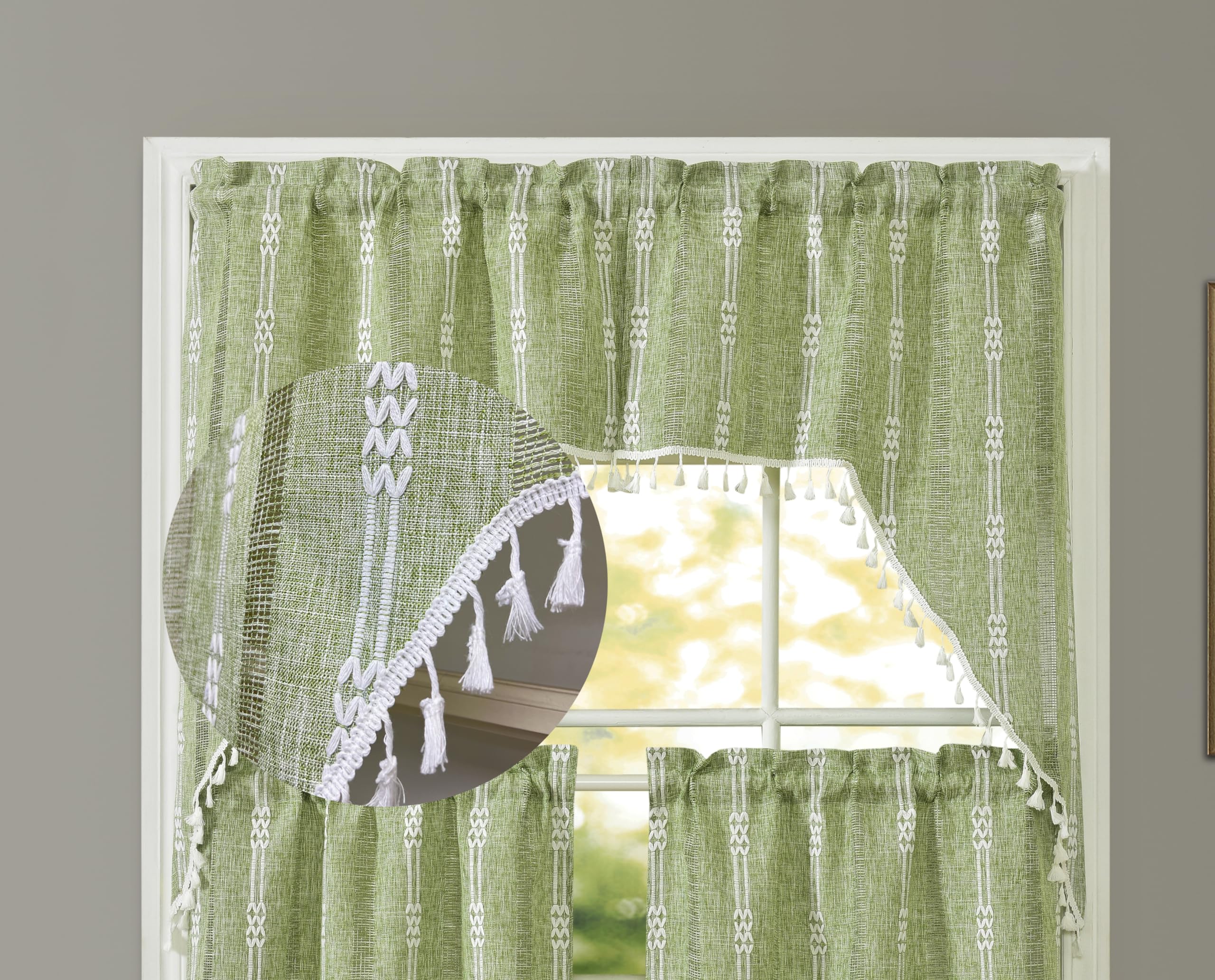 GOHD Country Road Boho Swag Valance Farmhouse Linen Kitchen Curtain Swag Pair Vintage Chic Textured Tassel Valances(Swag Valance,Green)