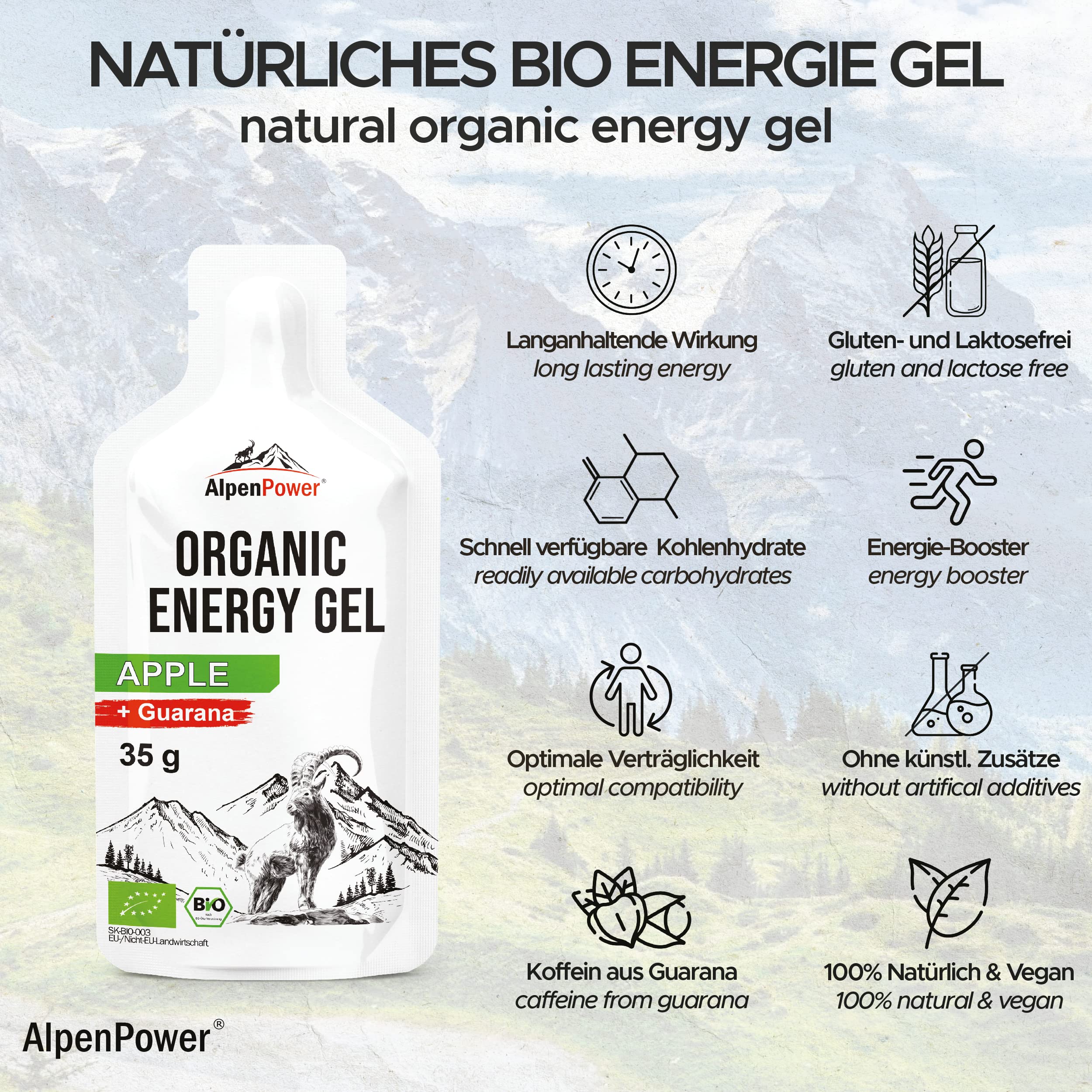 AlpenPower Bio Energy Gel Apfel 12 x 35 g - 100% natürliches Kohlenhydratgel ohne Zusätze - Mit Koffein aus Guarana - Schnelle & langanhaltende Energie - Booster für Sport