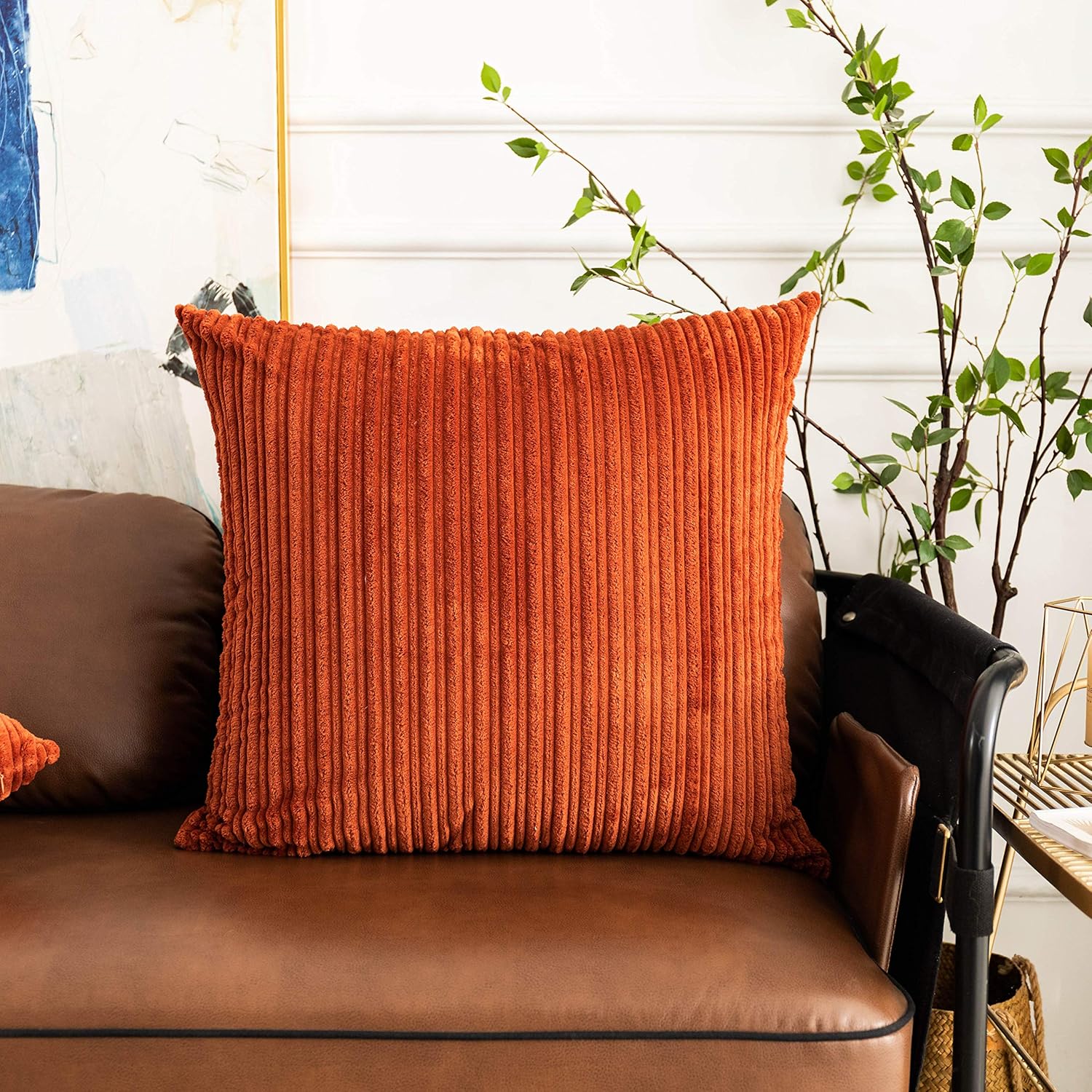 UGASA Fall Decor Super Soft Striped Corduroy Pillow Covers Large Throw Pillow Sham Cushion Cover Living Room, 1 Pc, 24" x 24" (Pack of 1) (61cm), Burnt Brick - Image 8