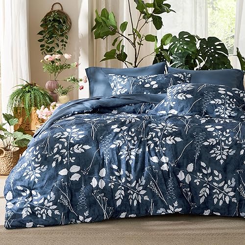 Bedsure King Size Comforter Set - 7 Pieces Floral Navy