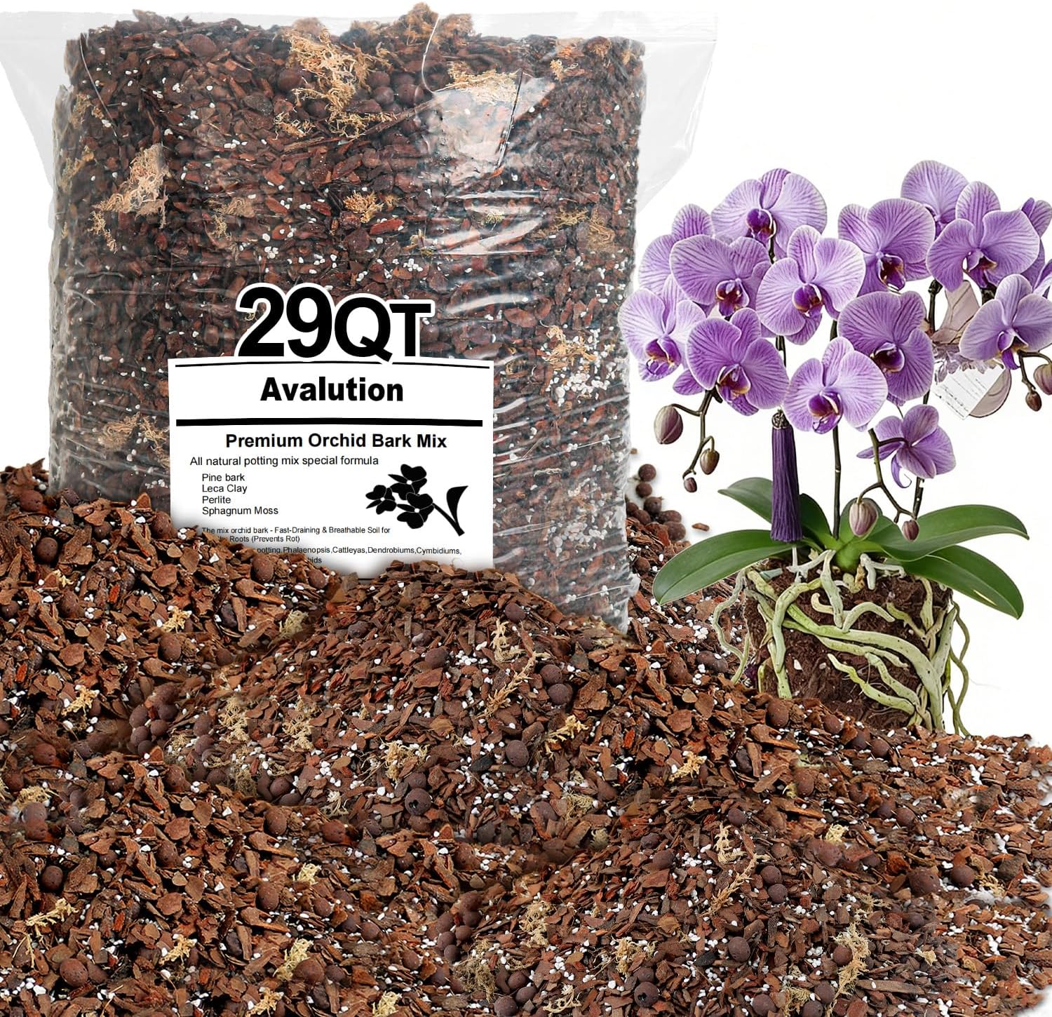 Orchid Bark Potting Mix 29 Quart, Mix Pine Bark, Organic Perlite, Sphagnum Moss and Leca Clay Pebbles for Plants, Orchid Fertilizer Garden Soil for Root Development