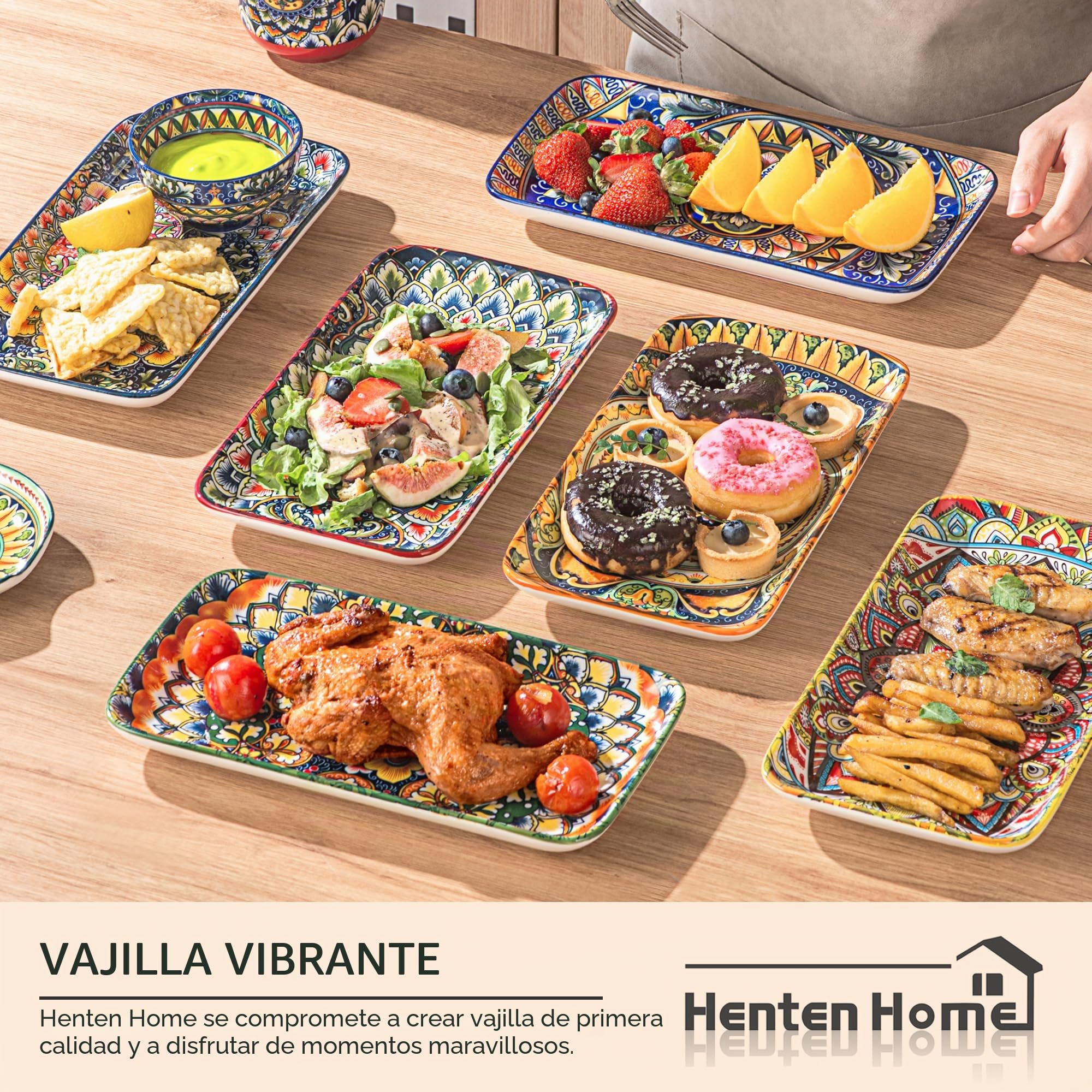 Platos Rectangular, Bandeja para Servir 6 Unidades - 25,5 cm, Platos para Aperitivos, Sushi, Frutas, Ensaladas, Microondas, Horno y Lavavajillas - Multicolor
