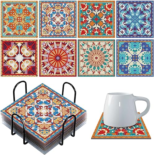 Purpeak 8 posavasos de diamantes para pintar con diamantes, posavasos de mandala con soporte cuadrado bohemio de cachemira de diamantes 5D para