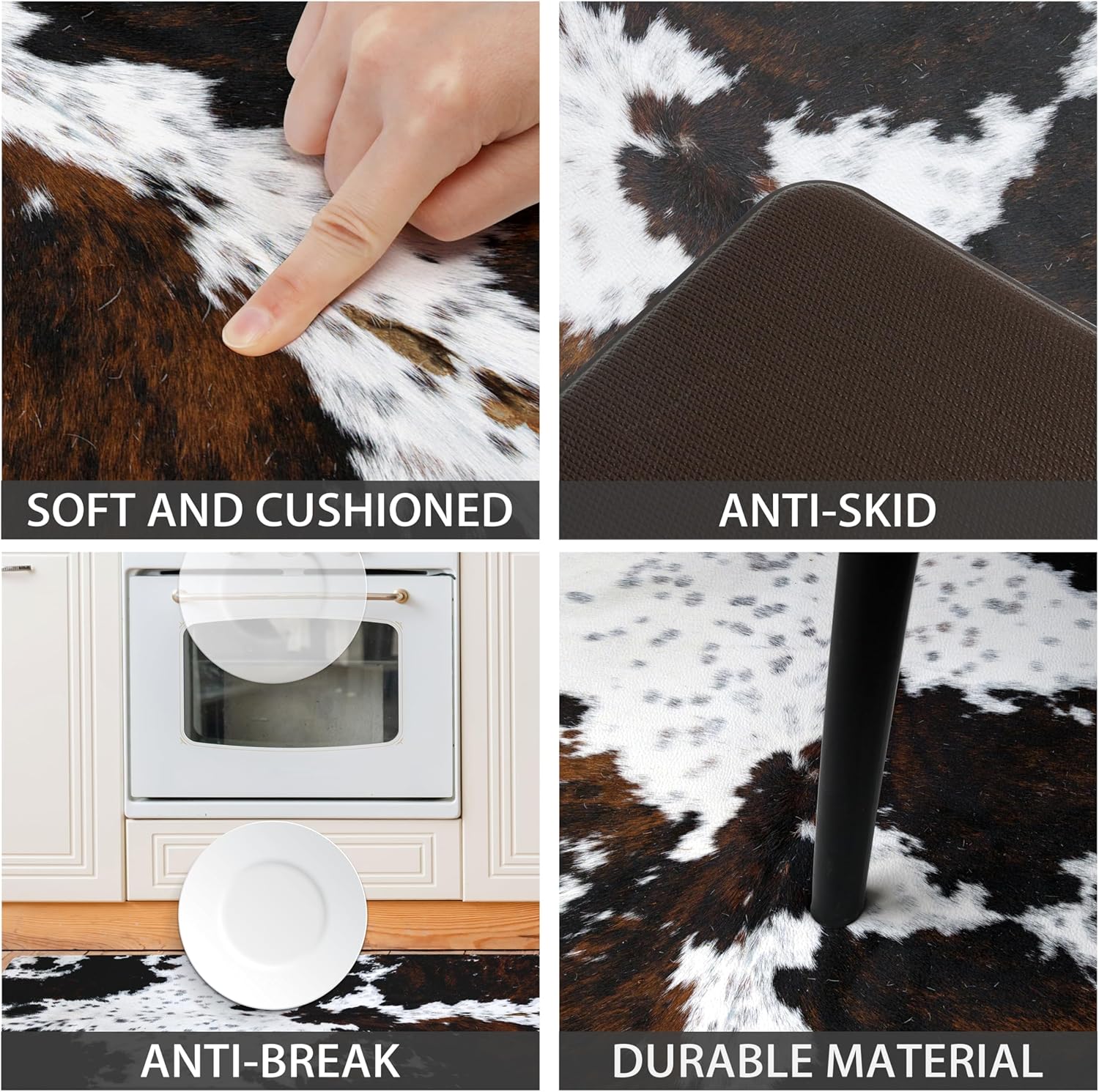 Cowhide Kitchen Rugs and Mats Set of 2 Western Kitchen Decor Anti Fatigue Cushioned Cow Kitchen Rugs Sets Non Slip Waterproof Kitchen Floor Mats for Sink Laundry (Black Brown, 17.5"x29.5"+17.5"x47")