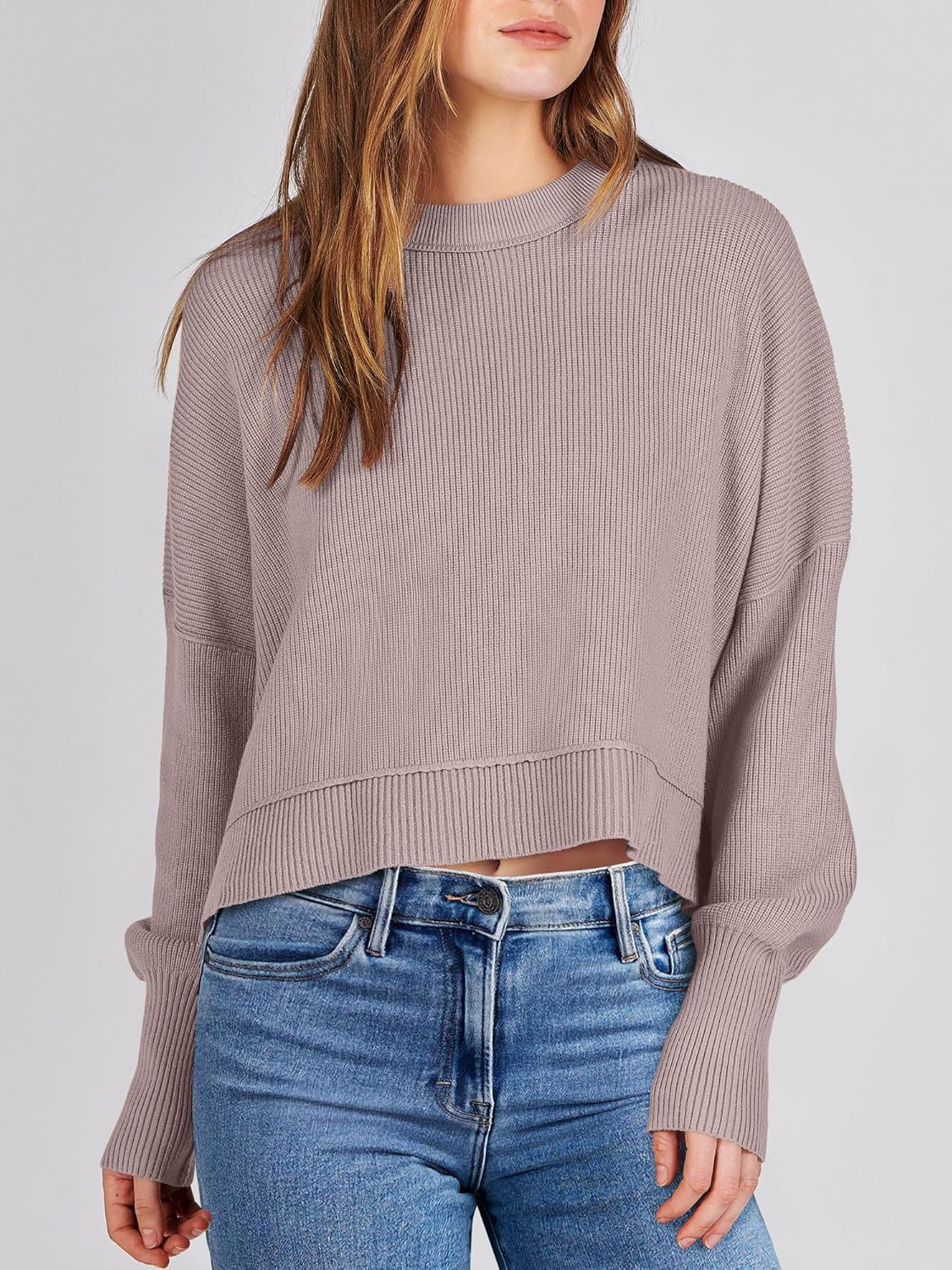 ANRABESS Womens Cropped Sweaters Oversized Crewneck Long Batwing Sleeve Side Slit Ribbed Knit Pullover Tops 2025 Fall Clothes - Image 2