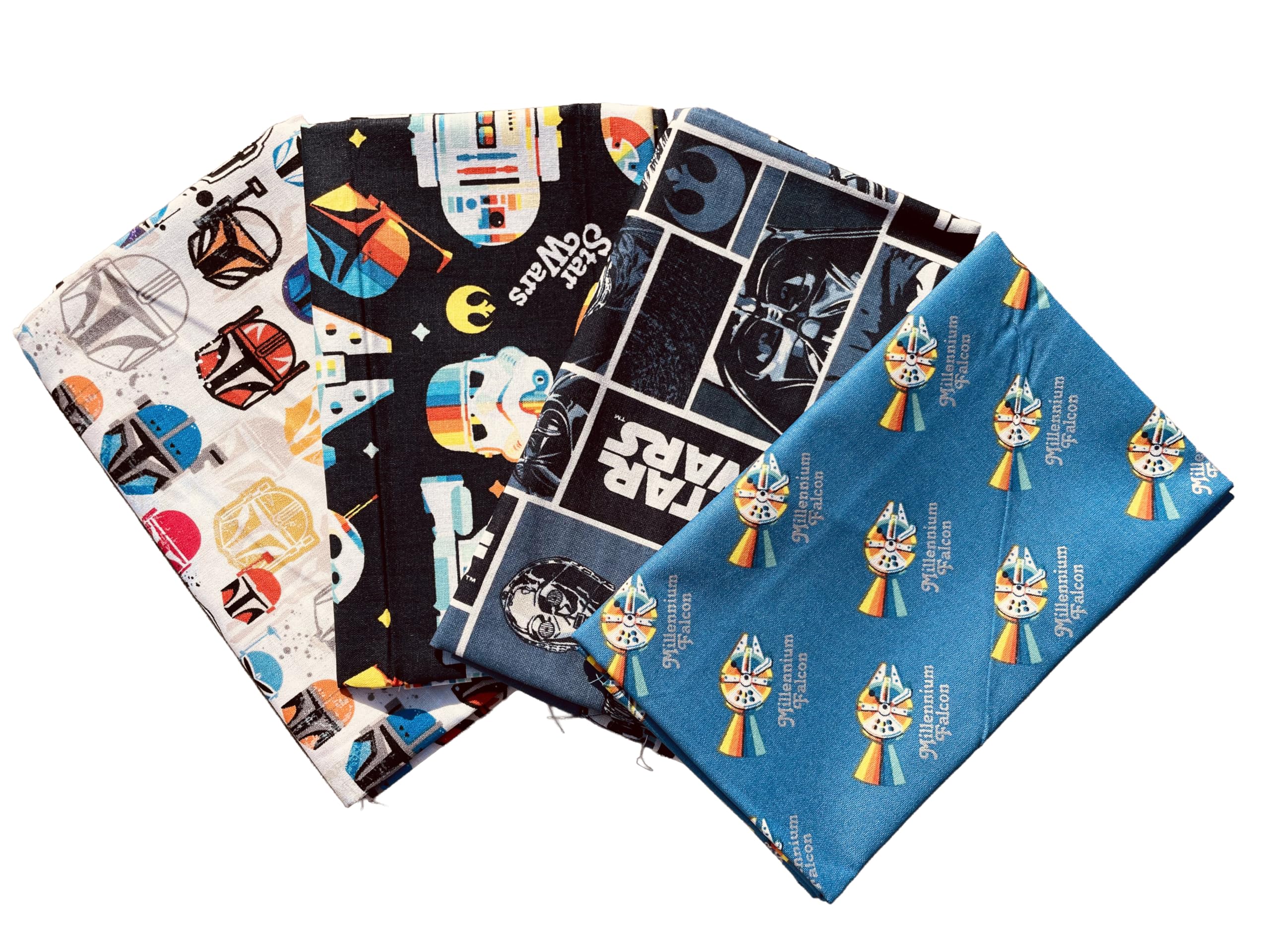Camelot Fabrics Multi Star Wars Fabric Cotton Fat Quarters Bundle The Mandalorian Yoda Helmets Ships 45Cmx55cm Pack Of 4 100% Cotton Genuine Licensed Children's Fabric For Crafts, Quilting, Patchwork, Bunting