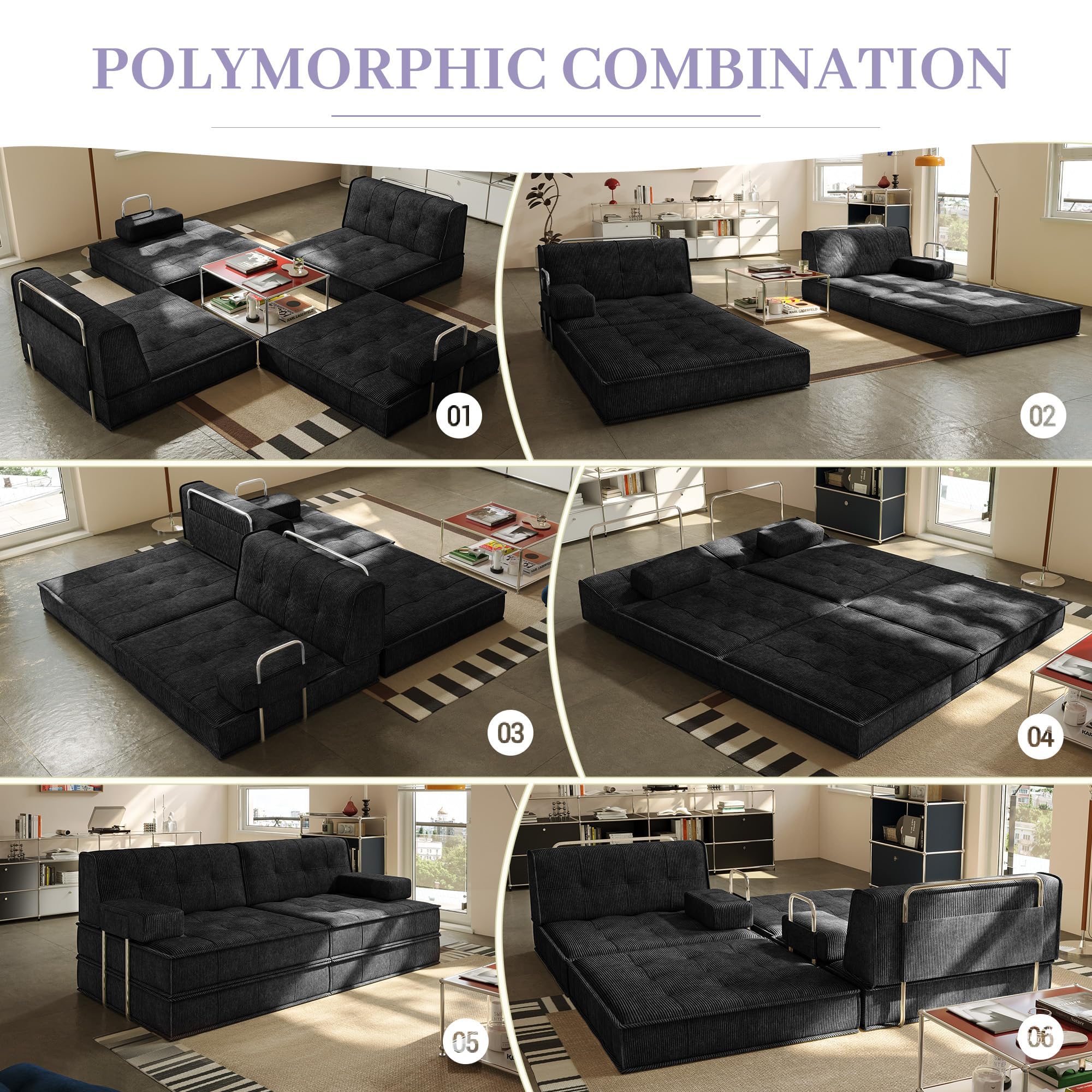 6 in 1 Schlafsofa 160x100cm,Klappbare Matratze 200x160cm mit festem Rahmen, Bequemer Ausklappbarer Futon, 4-Sitzer Gästesofa modularer Loveseat für Wohnzimmer (Schwarz)