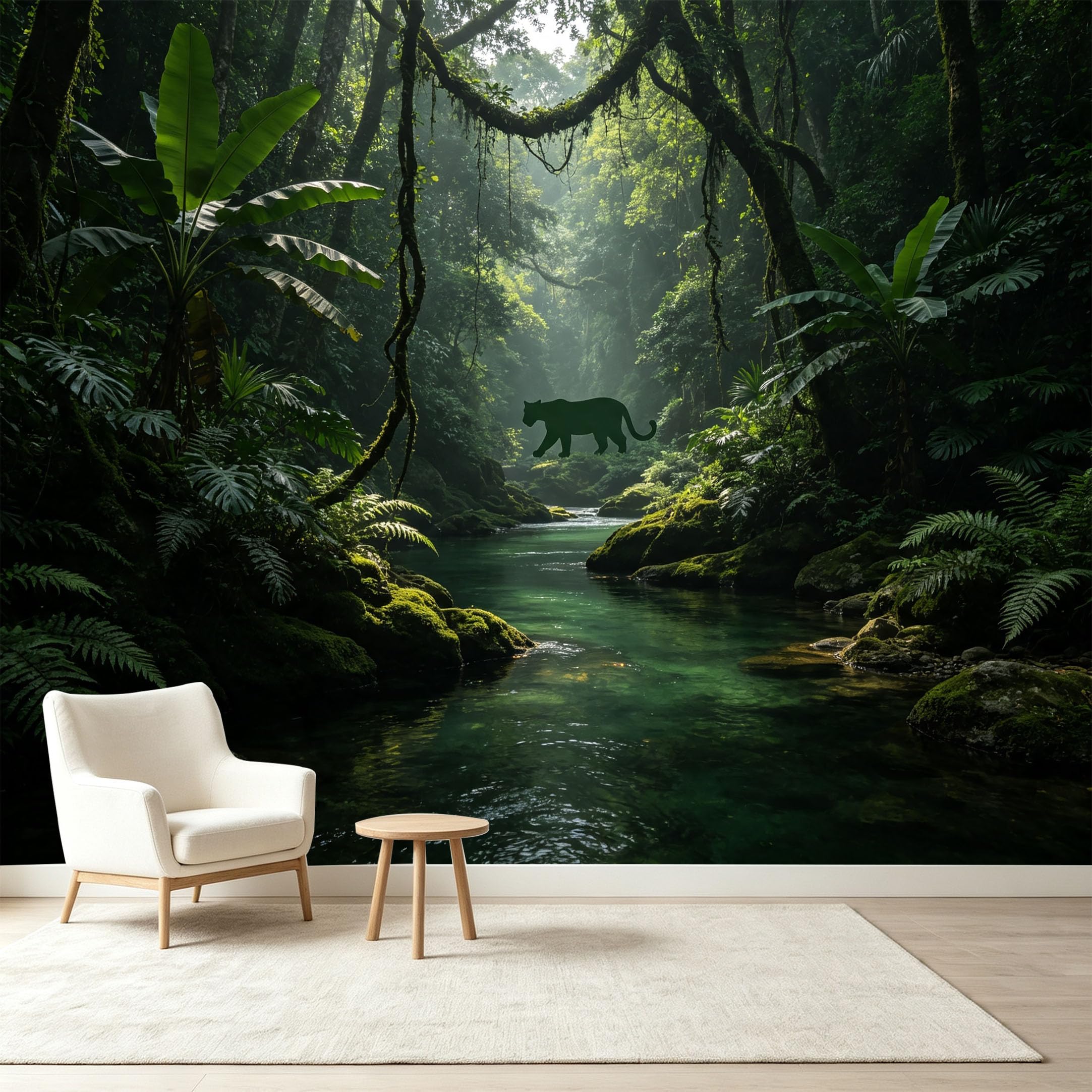 Custom Size Wall Murals Tropical Jungle River Panther Silhouette Self-Adhesive Wall Fabric Removable Wallpaper Wall Decor for Living Room Bedroom Bathroom