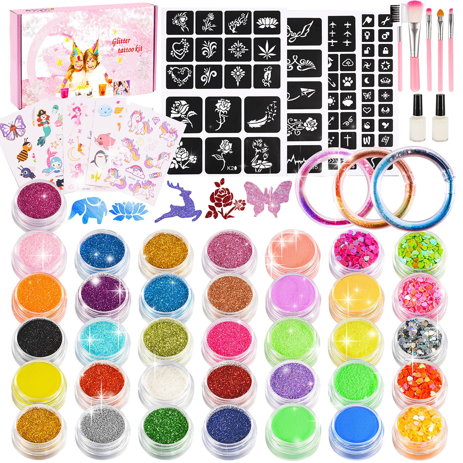 Veopoko Glitter Tattoos for Kids, 5 6 7 8 9 10 Year Old Girl Gifts Temporary Tattoos Girls Birthday Presents Age 5-12 Fake Tattoo Kit Teenage Girls Gifts Face Body Glitter Festival Toys for Girls