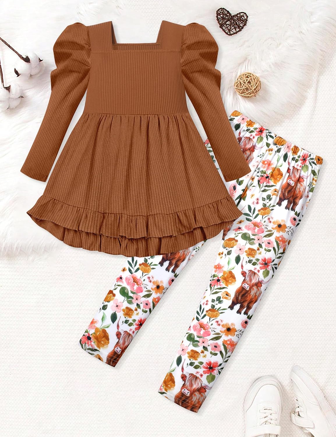 Qaoerde Toddler Girl Clothes Square Neck Ruffle Hem Long Sleeve Top Floral Print Leggings Fall Outfits Kids Clothing Sets - Image 6